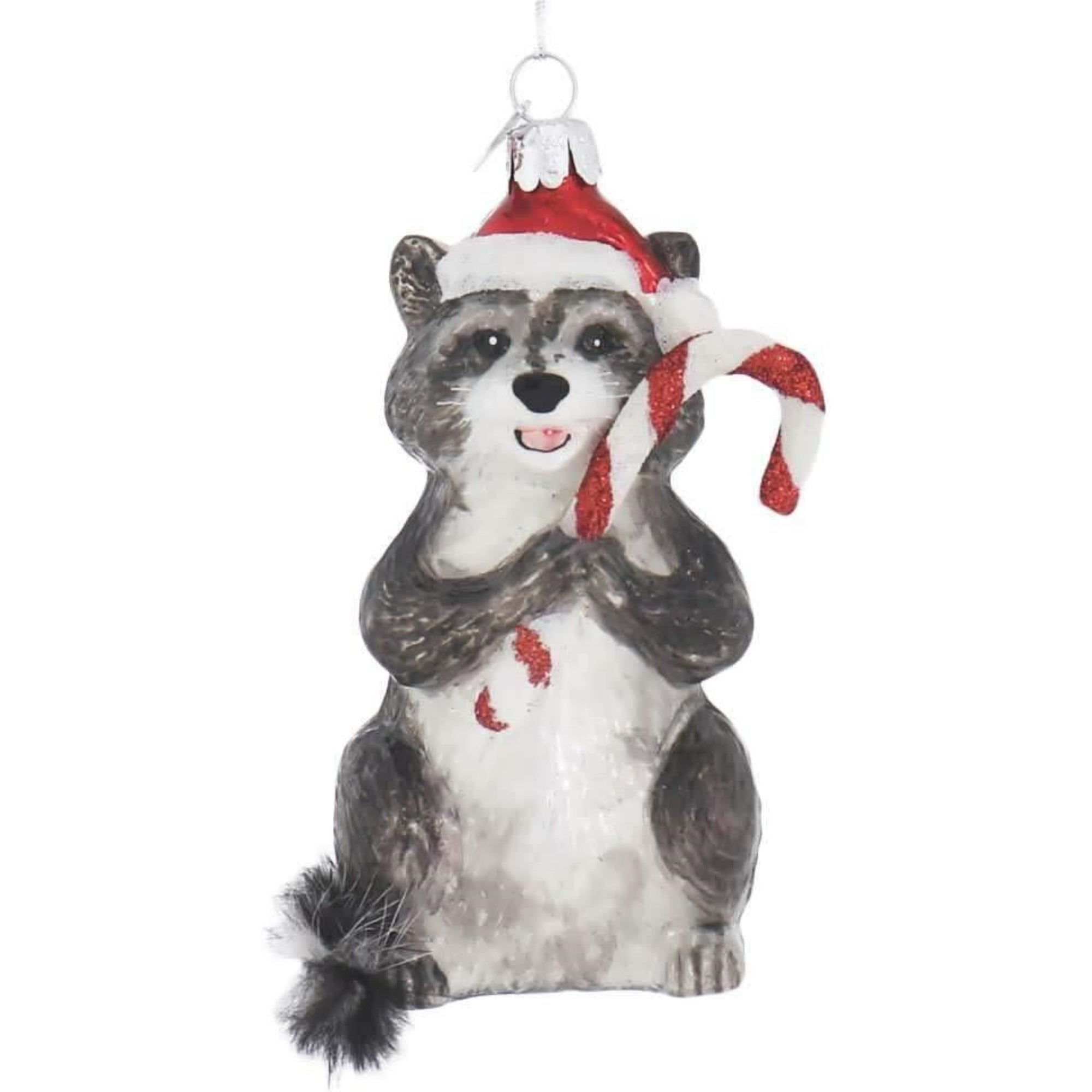 Kurt Adler Noble Gems Glass Ornament for Christmas Tree, Raccoon with Candy Cane