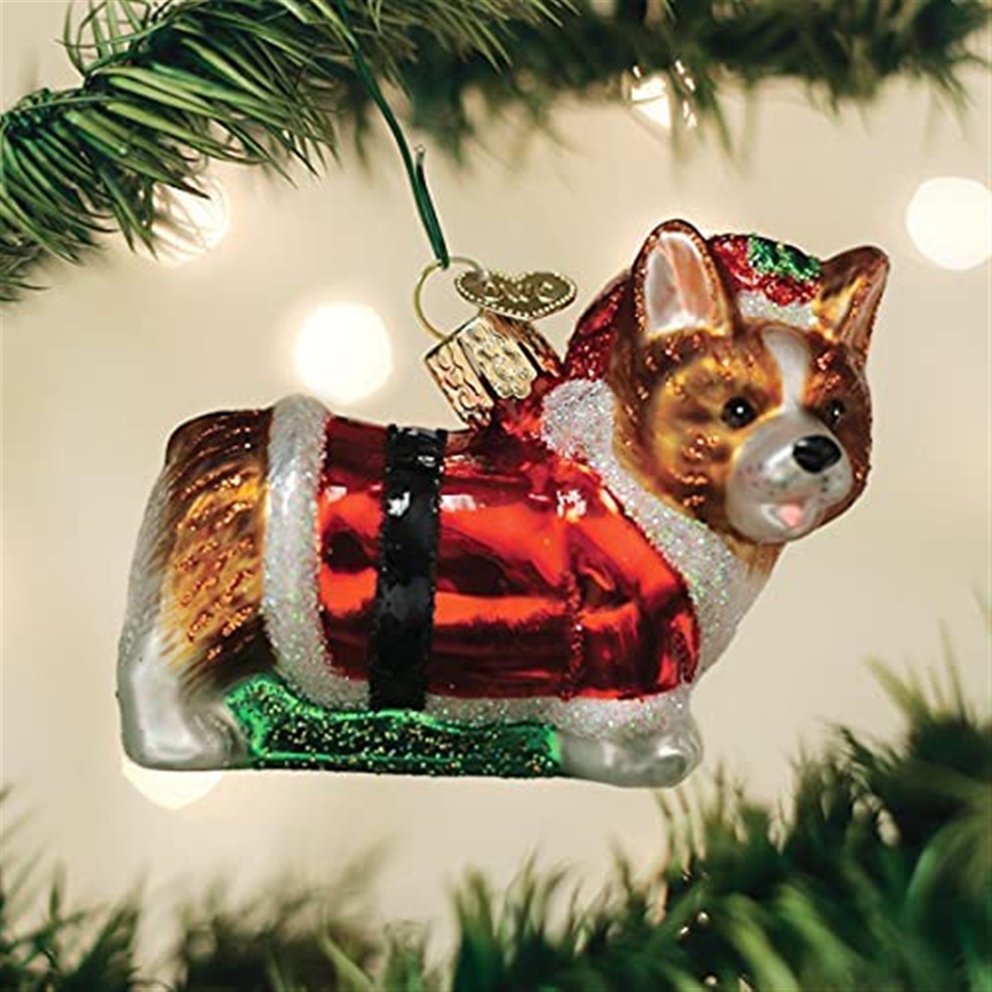 Old World Christmas Blown Glass Ornament for Christmas Tree, Holly Hat Corgi Puppy