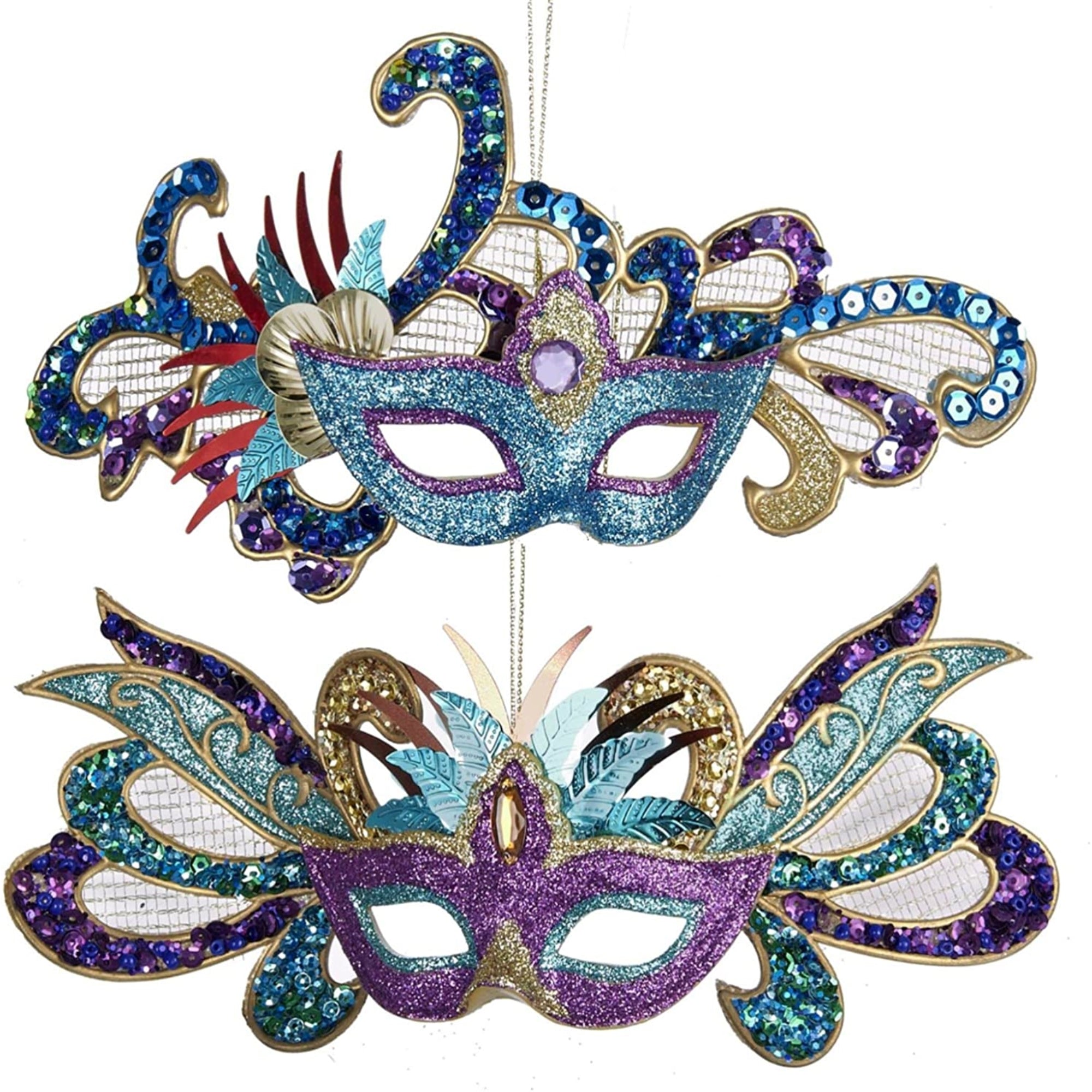 Kurt Adler Glittered/Sequined Carnival Mask Holiday Assorted Ornaments, 2 Pack