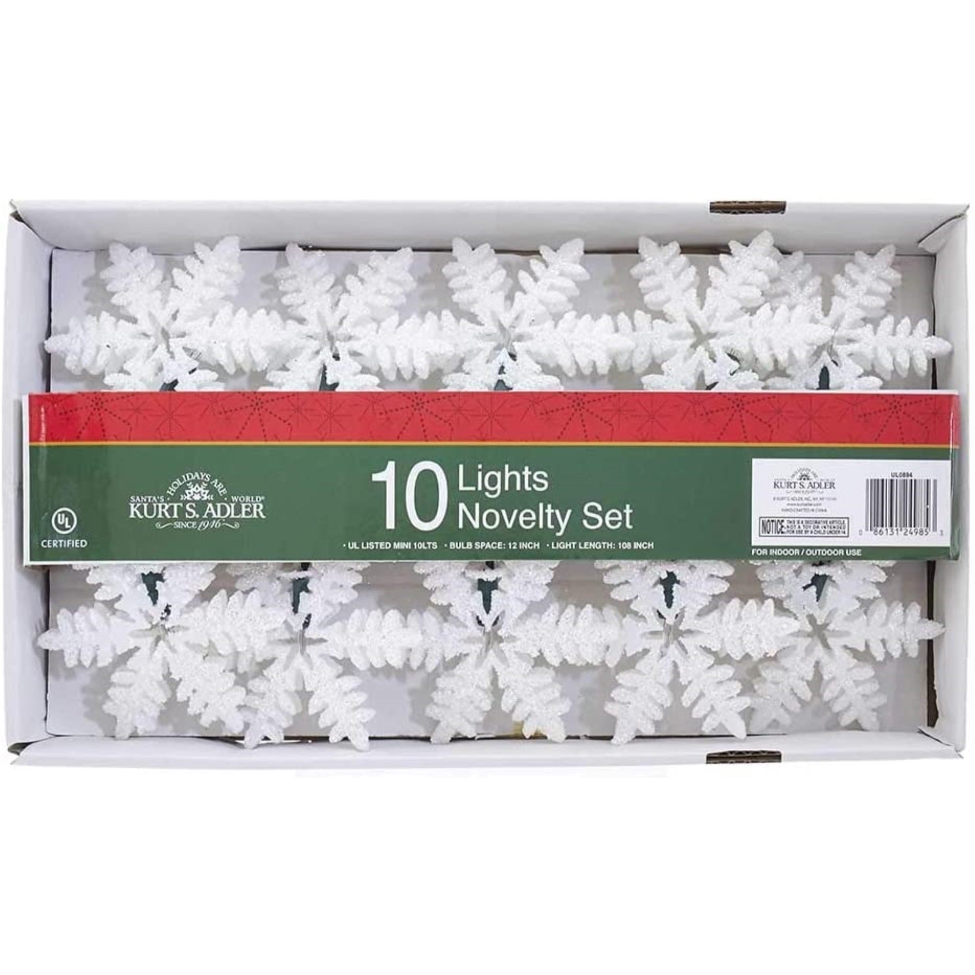 Kurt Adler Indoor/Outdoor Novelty Lights Set, Incandescent Mini bulbs, 10 Lights White Snowflakes, 12ft