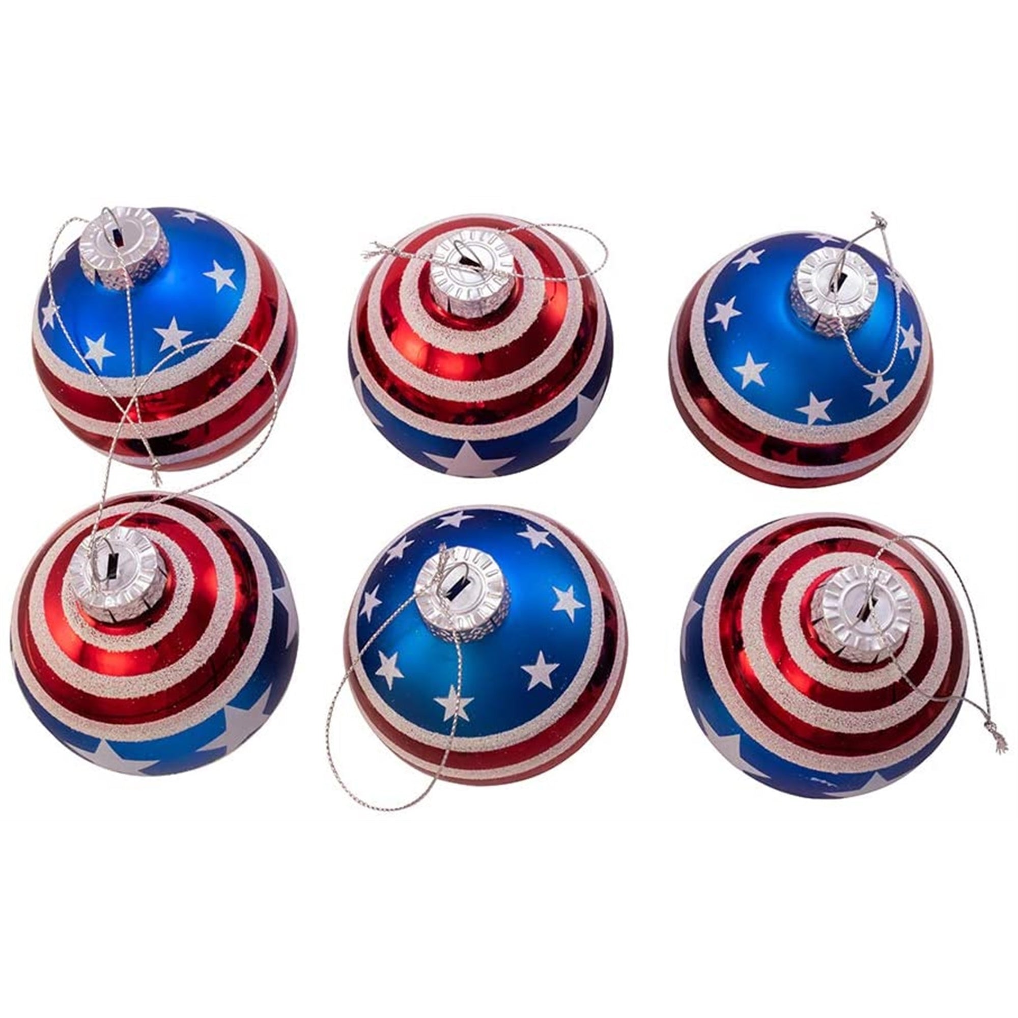 Kurt Adler Glass Ball Ornaments, Stars and Stripes, Red, White & Blue, 6-Piece Set