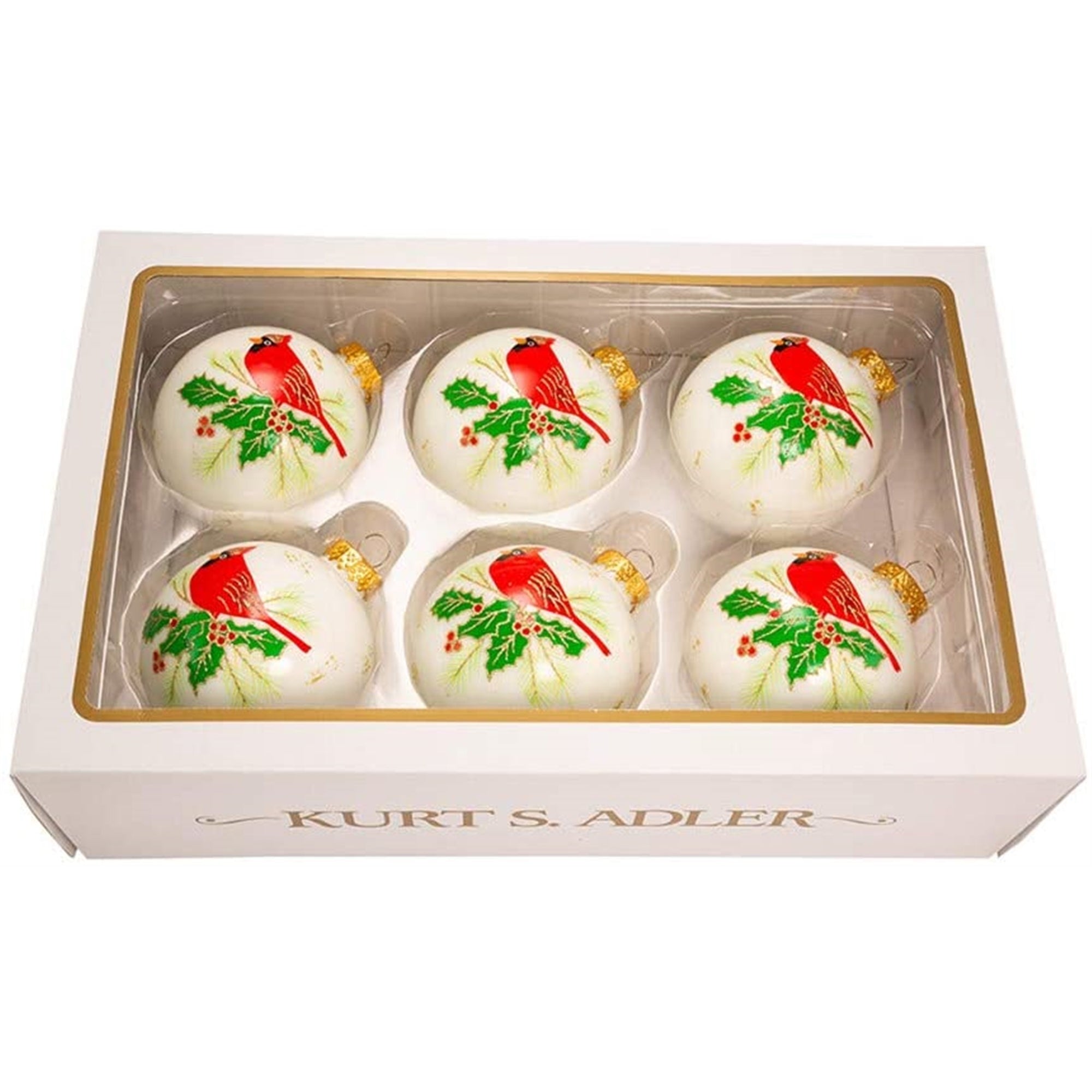 Kurt Adler Glass Ornament White with Cardinal, 6 Piece Set, 3"