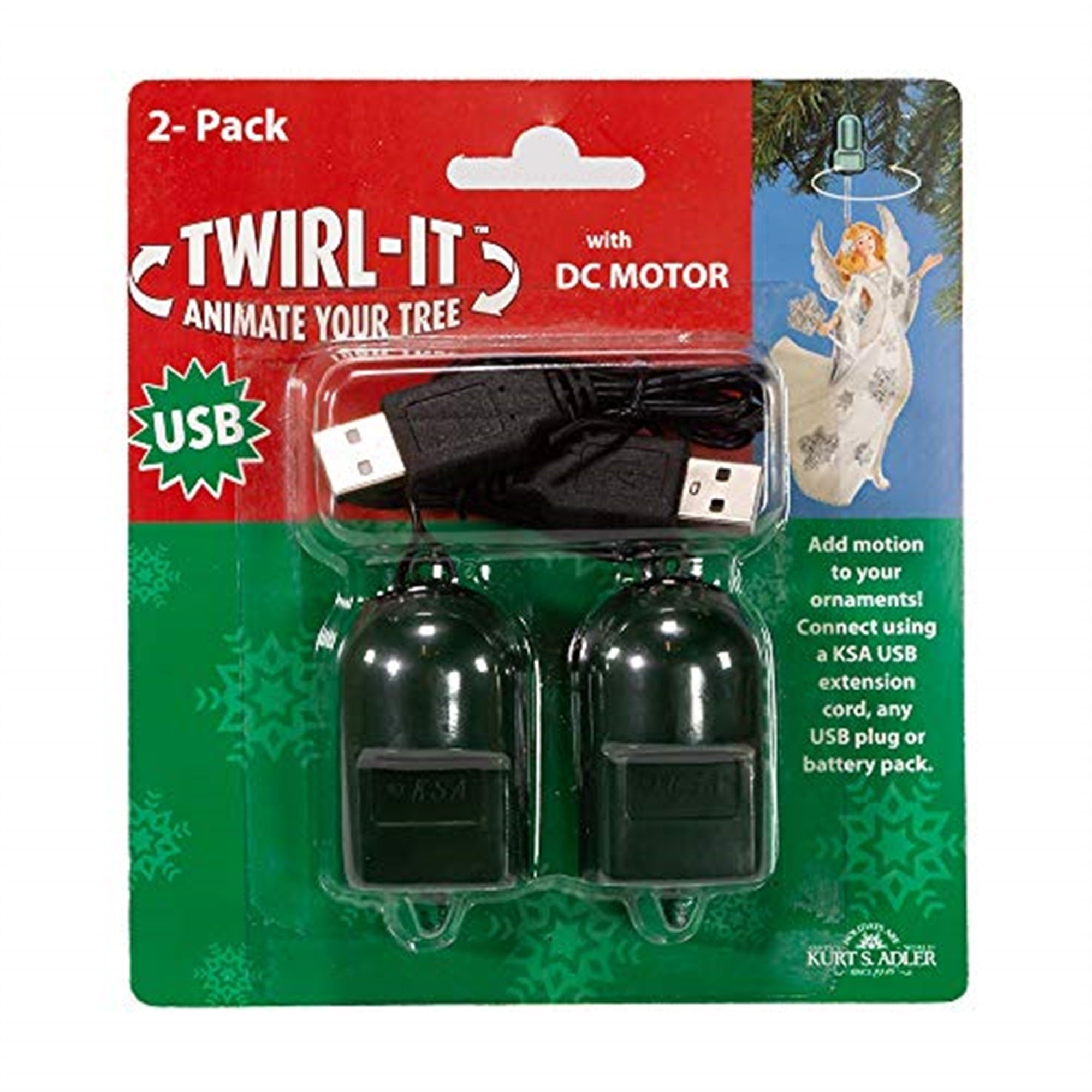Kurt Adler USB Twirl-It Ornament Spinner with Battery Operated DC Motor for Christmas Tree and Home Decor, Green (Pack of 2)