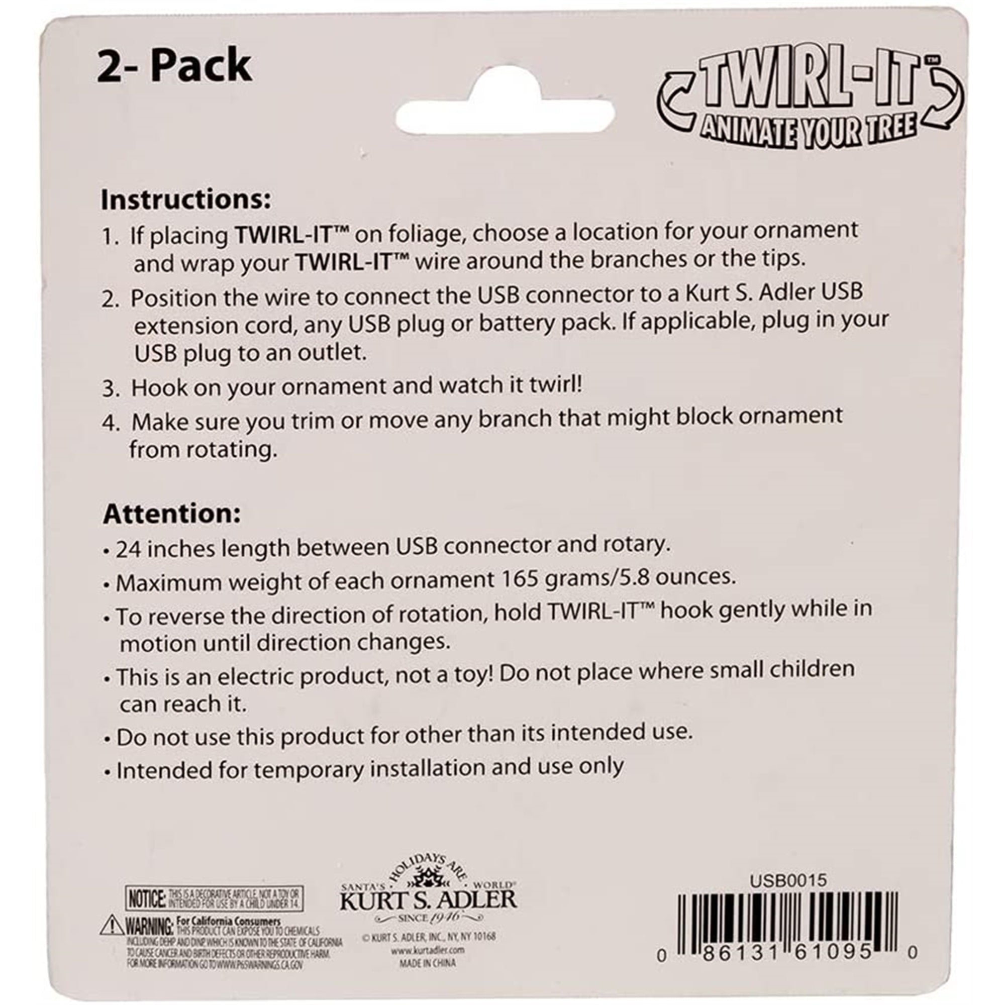 Kurt Adler USB Twirl-It Ornament Spinner with Battery Operated DC Motor for Christmas Tree and Home Decor, Green (Pack of 2)