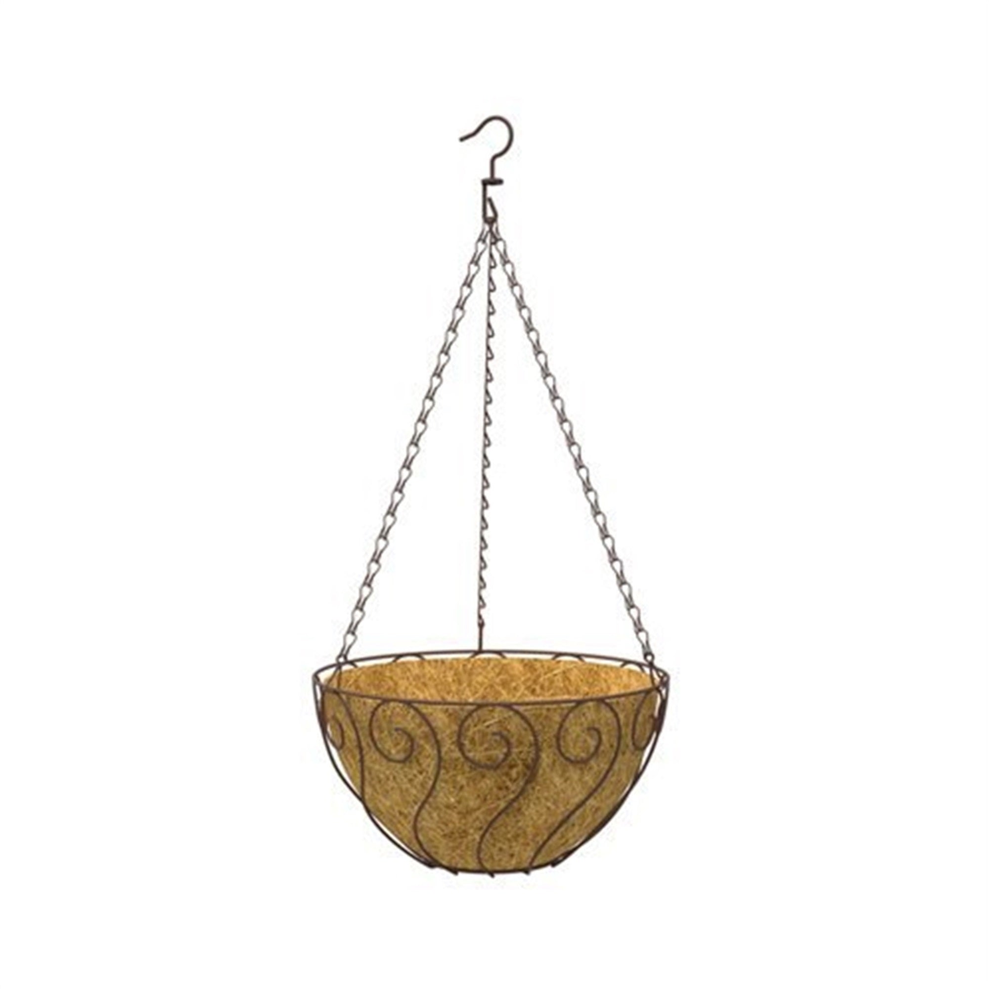 Panacea Metal Hanging Basket with Coco Liner, Brown Aztec Scroll, 14in