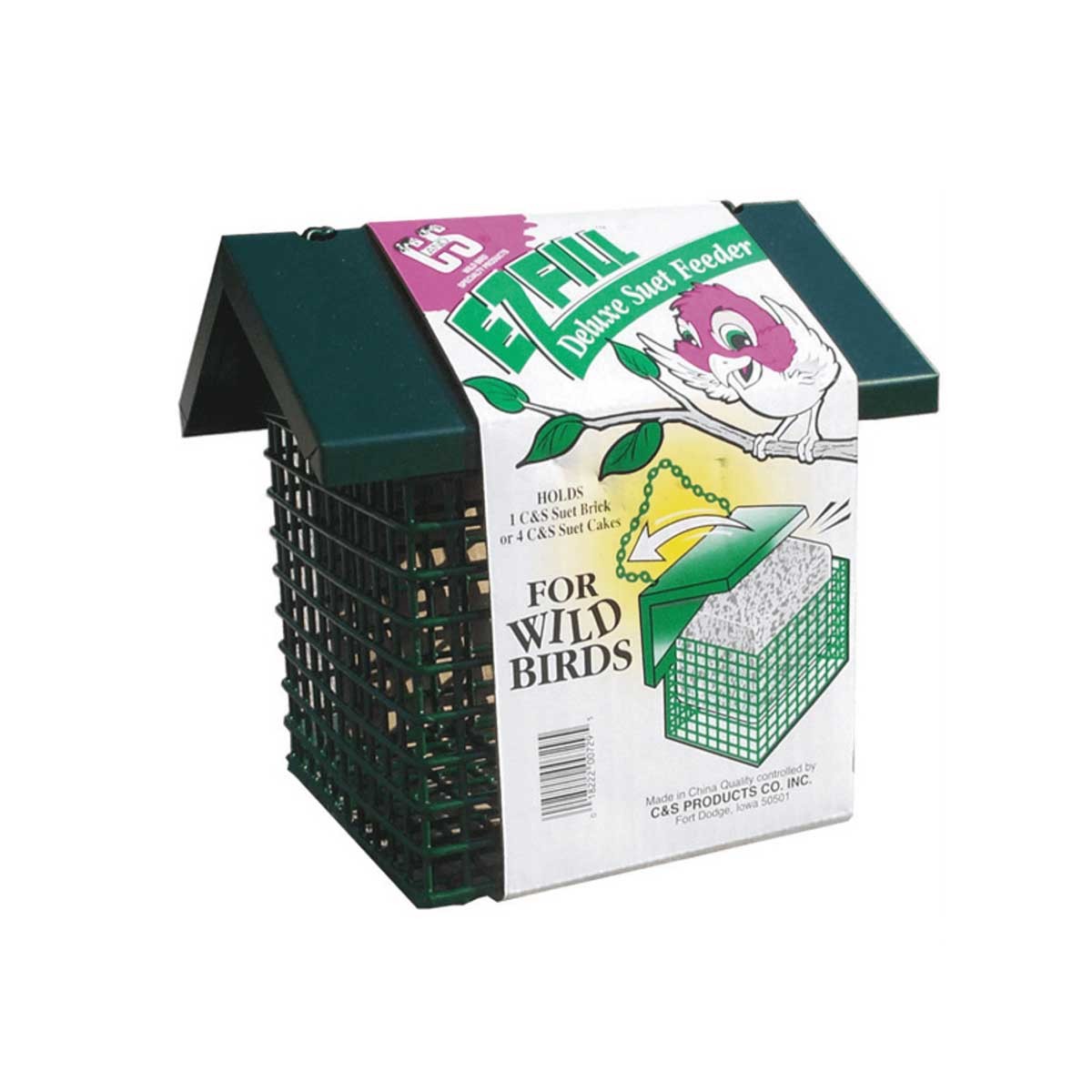 C&S E‑Z Fill Deluxe Suet Feeder with Roof — Holds 1 Brick or 4 Cakes — Green, 6"