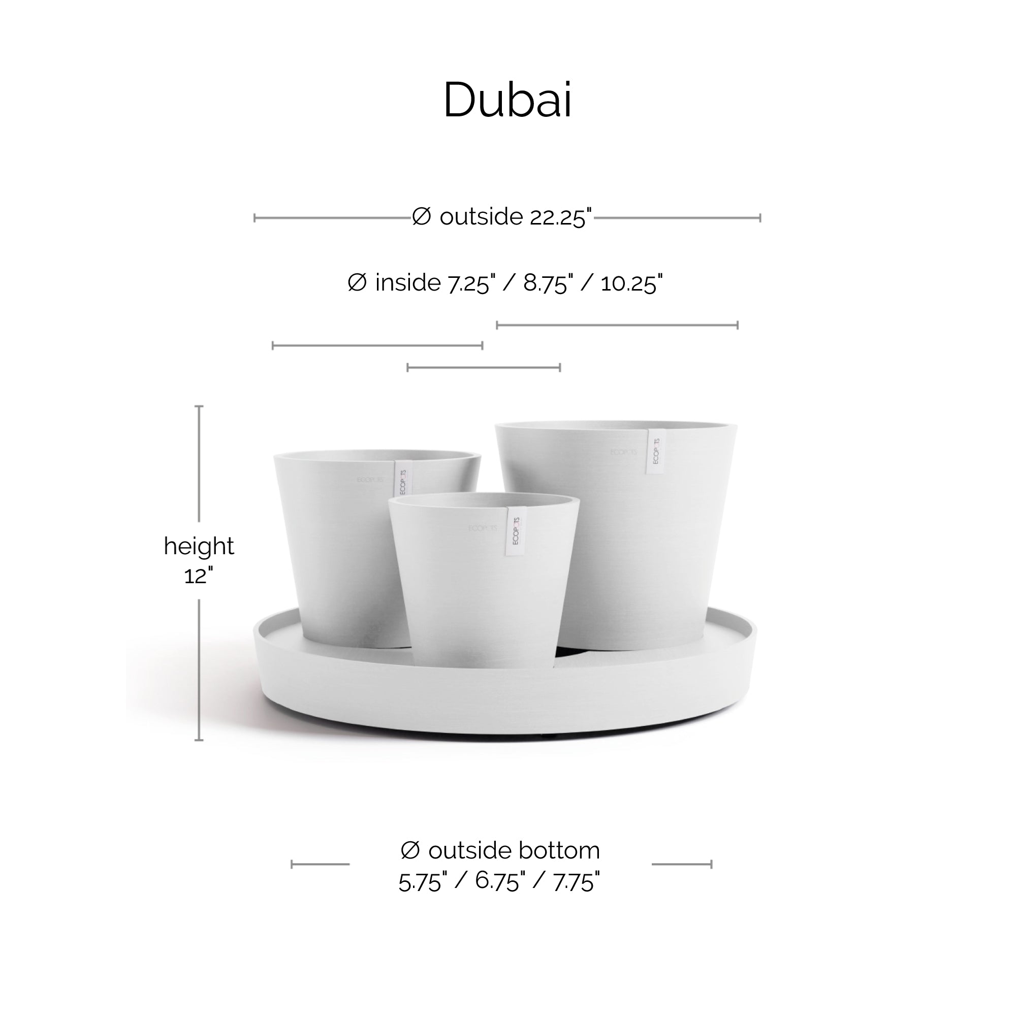 Ecopots Dubai Self Watering Durable Modern Round Indoor/Outdoor Recycled-Based Composite Flower Pot Planters w/Wheels and Saucer, 22"
