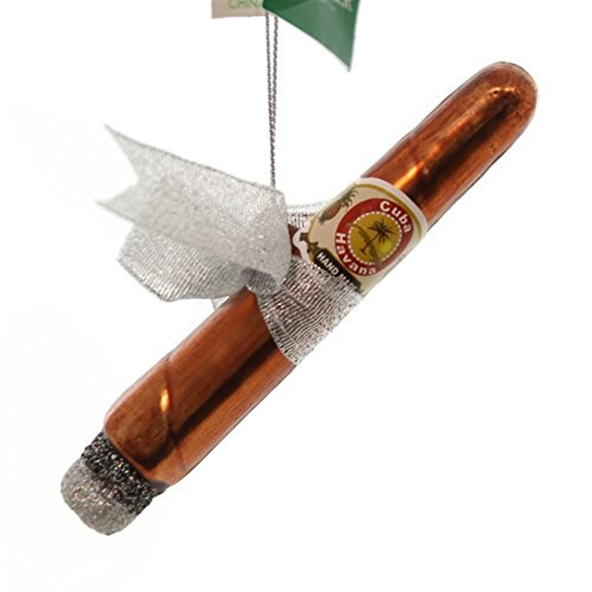 Kurt Adler Noble Gems Glass Ornament for Christmas Tree, Cigar with Silver Glittered Fabric Bow
