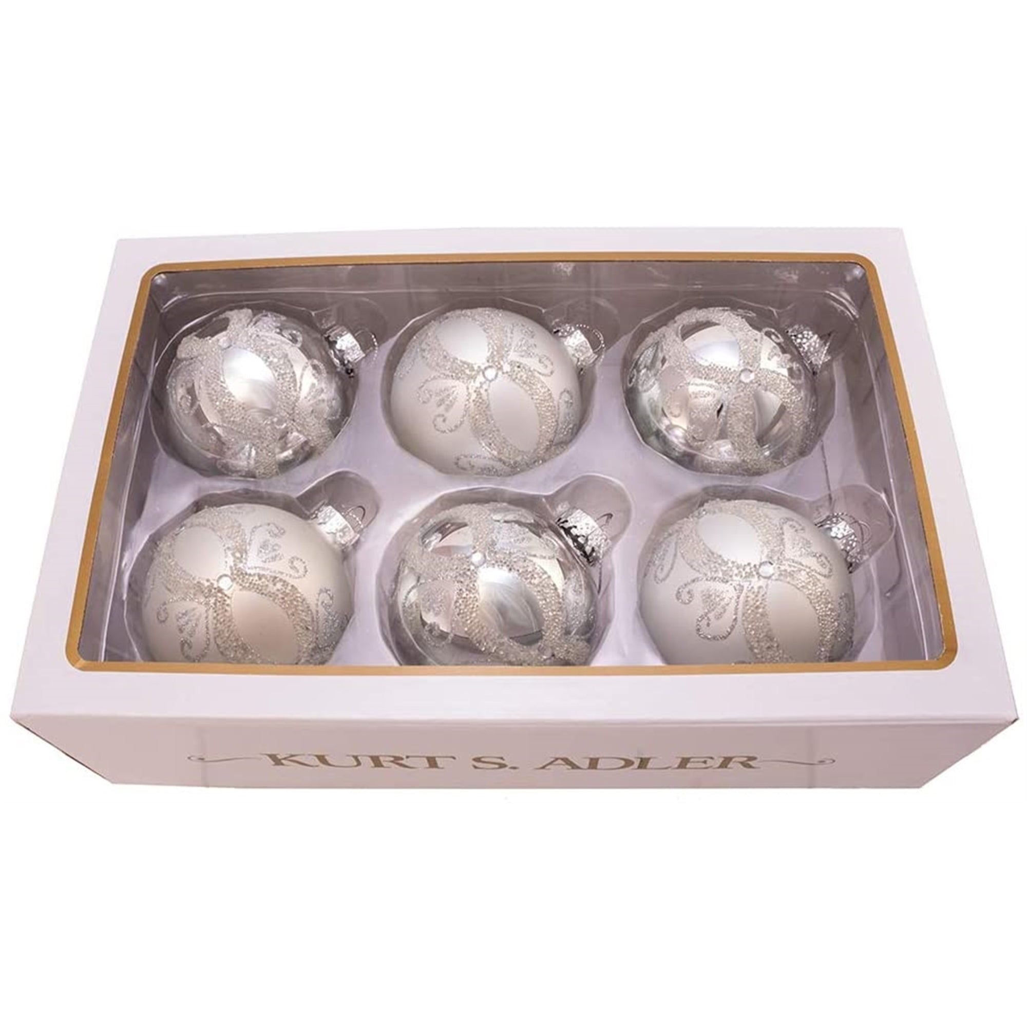 Kurt Adler Glass Ball Ornaments, Glitter and Sequins, Silver, 6-Piece Set