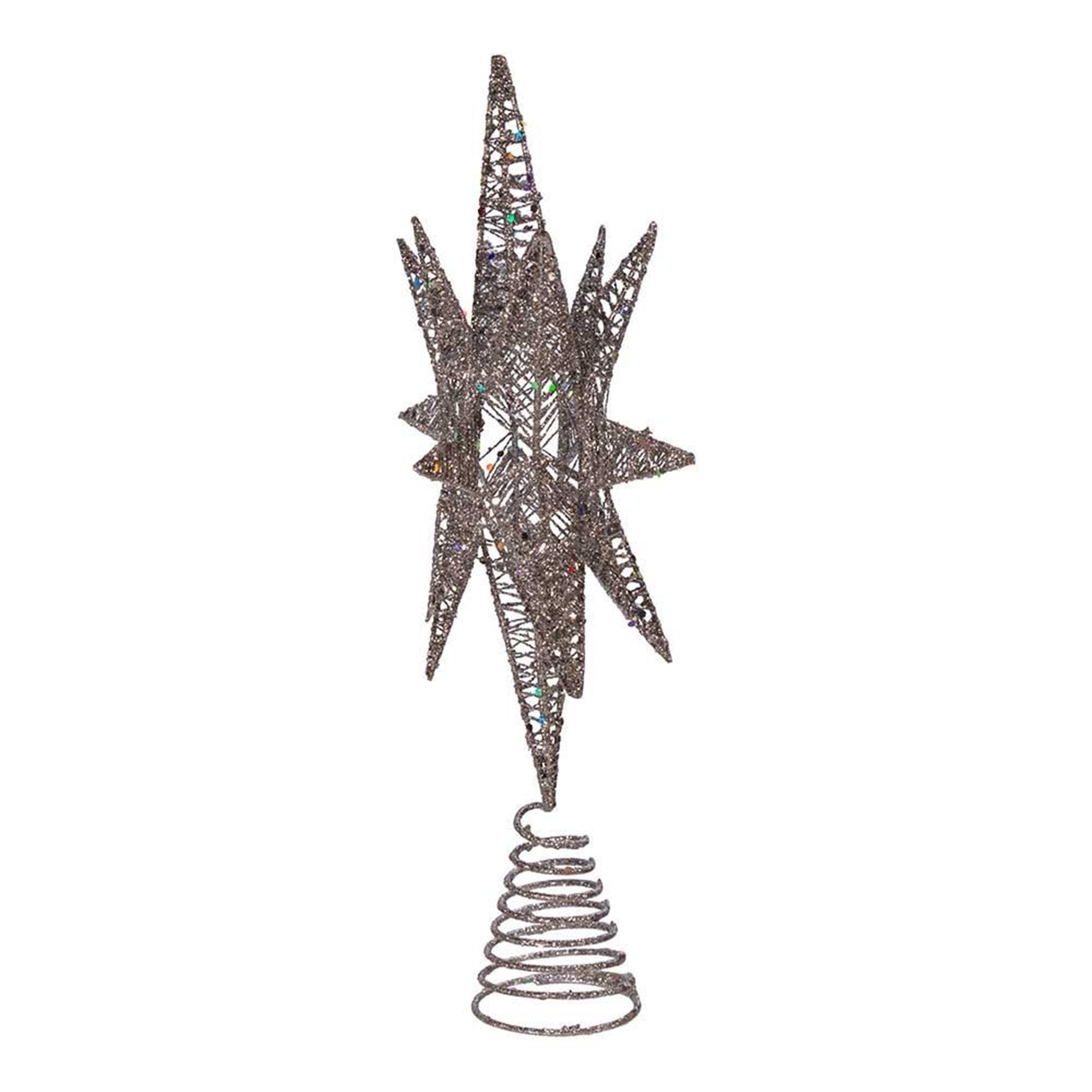 Kurt Adler Un-Lit Star Treetop, 3-D Multi-Point Design with Coil Base— Silver Glitter, 15.5"