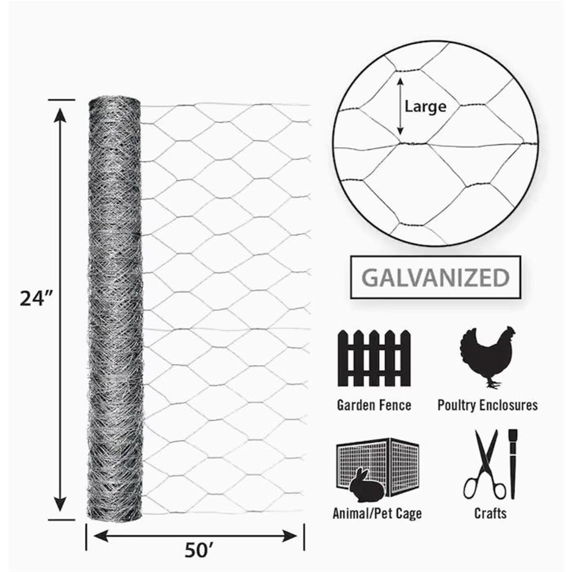 Garden Zone Galvanized Steel Hex Poultry Rolled Netting, 2 feet x 50 feet