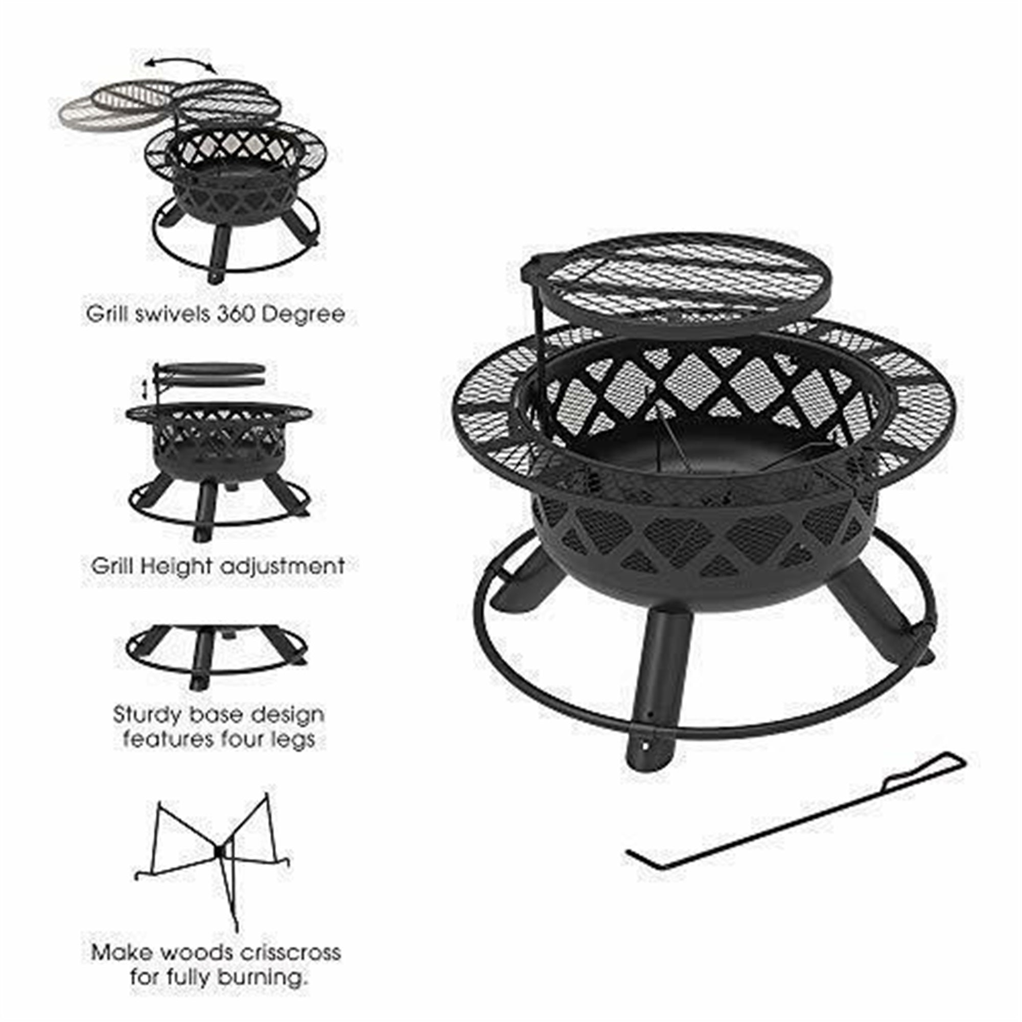 Big Horn Circular Steel Ranch Fire with Table Sides, and Grill Top, Black, 24”