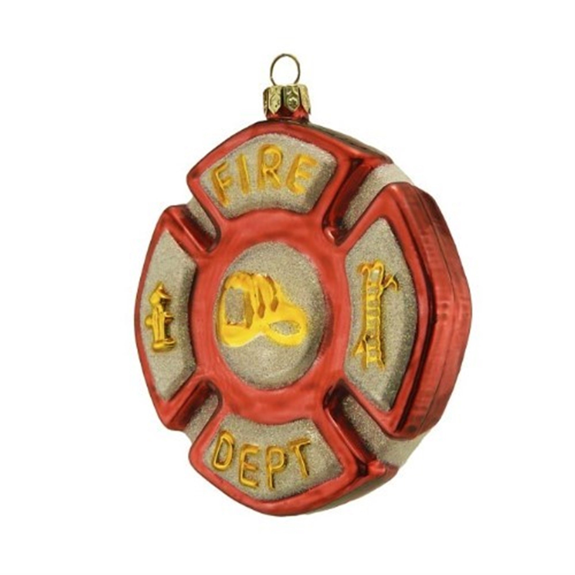 Kurt Adler Noble Gems Glass Ornament for Christmas Tree, Fire Department Shield