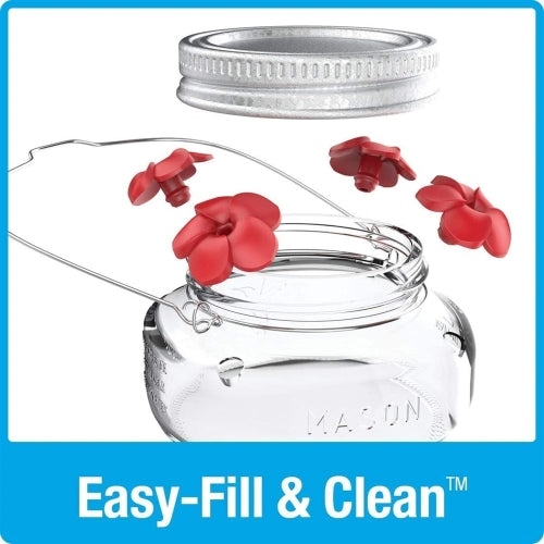 Nature’s Way Glass Mason Jar Hummingbird Feeder — 4 Feeding Ports — Easy Fill & Clean, 6 oz