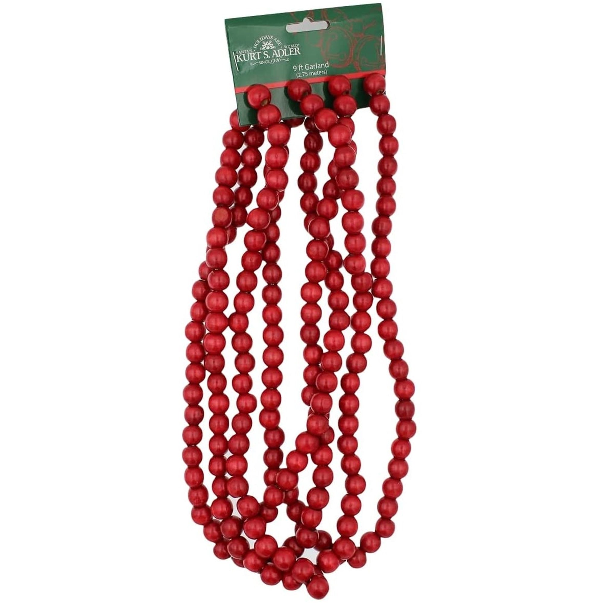 Kurt Adler Christmas Decoration, Wooden Red Bead Garland, 9ft