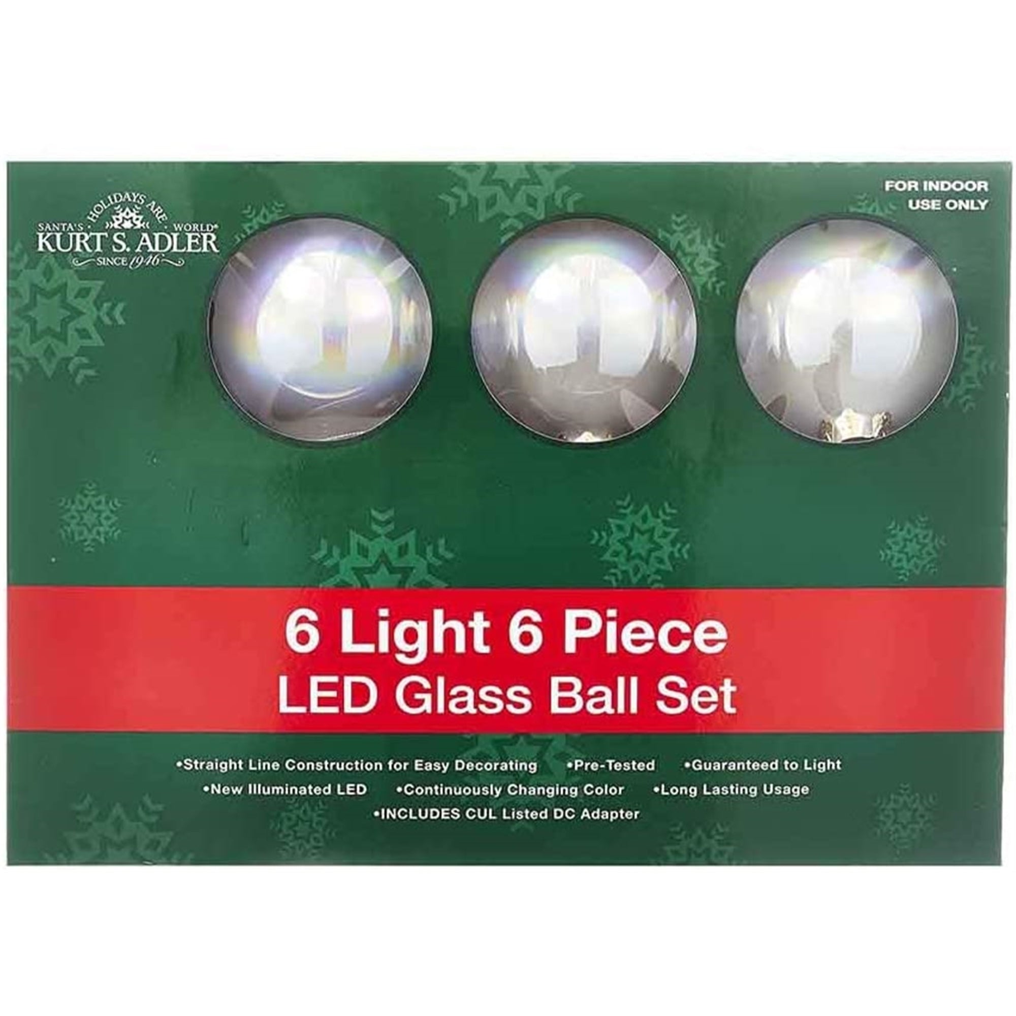 Kurt Adler Indoor Continuous Color-Changing Glass Ball LED String Light Set, 6 Lights, Multicolored, 12.5ft