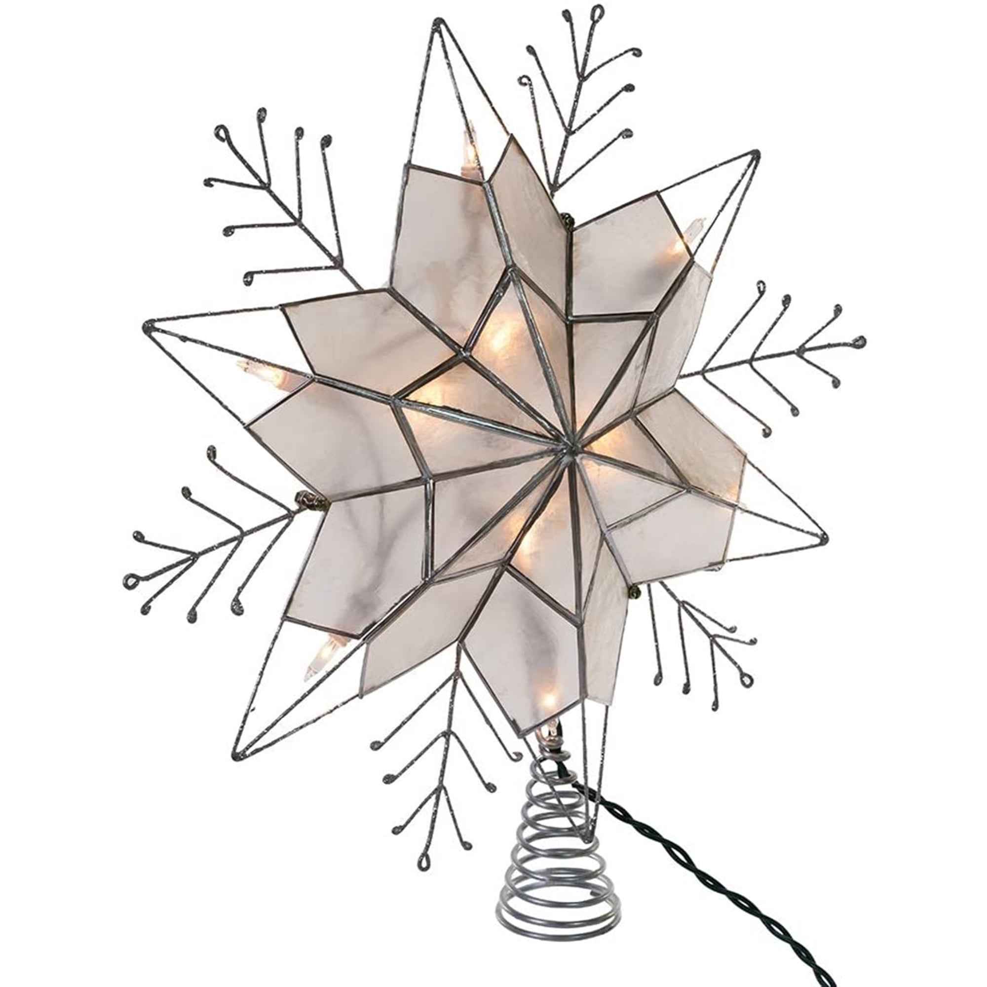 Kurt Adler Nickle Plated 6-Point Silver Glitter Capiz Star Tree Topper, 14"