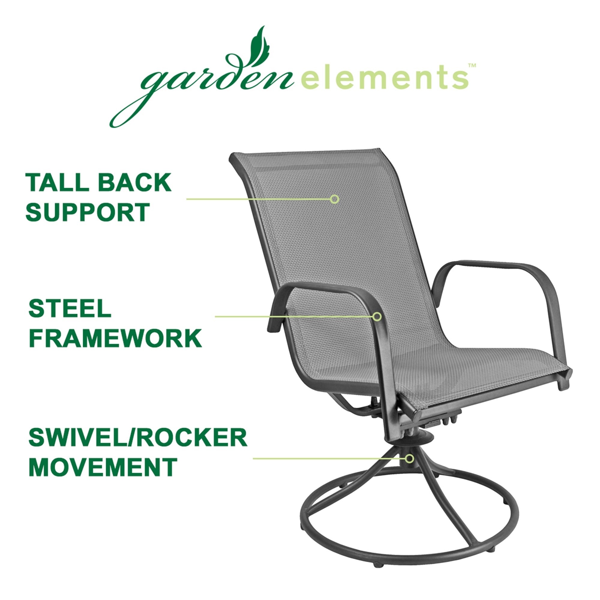 Garden Elements Patio Swivel Rocker Chairs (Set of 2) – Weather-Resistant Powder-Coated Steel Frame and Breathable Fabric – Gray