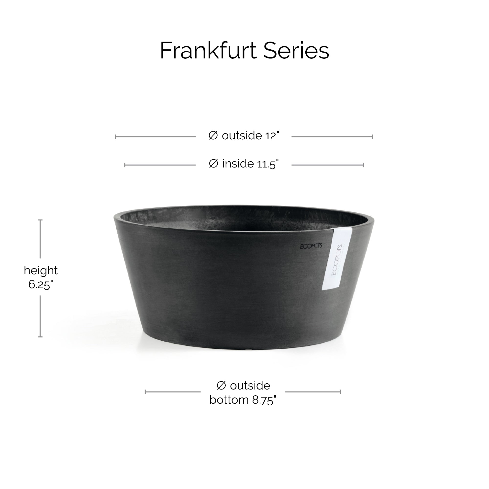 Ecopots Frankfurt Durable Modern Round Indoor/Outdoor Recycled-Based Composite Flower Pot Planter, 12"