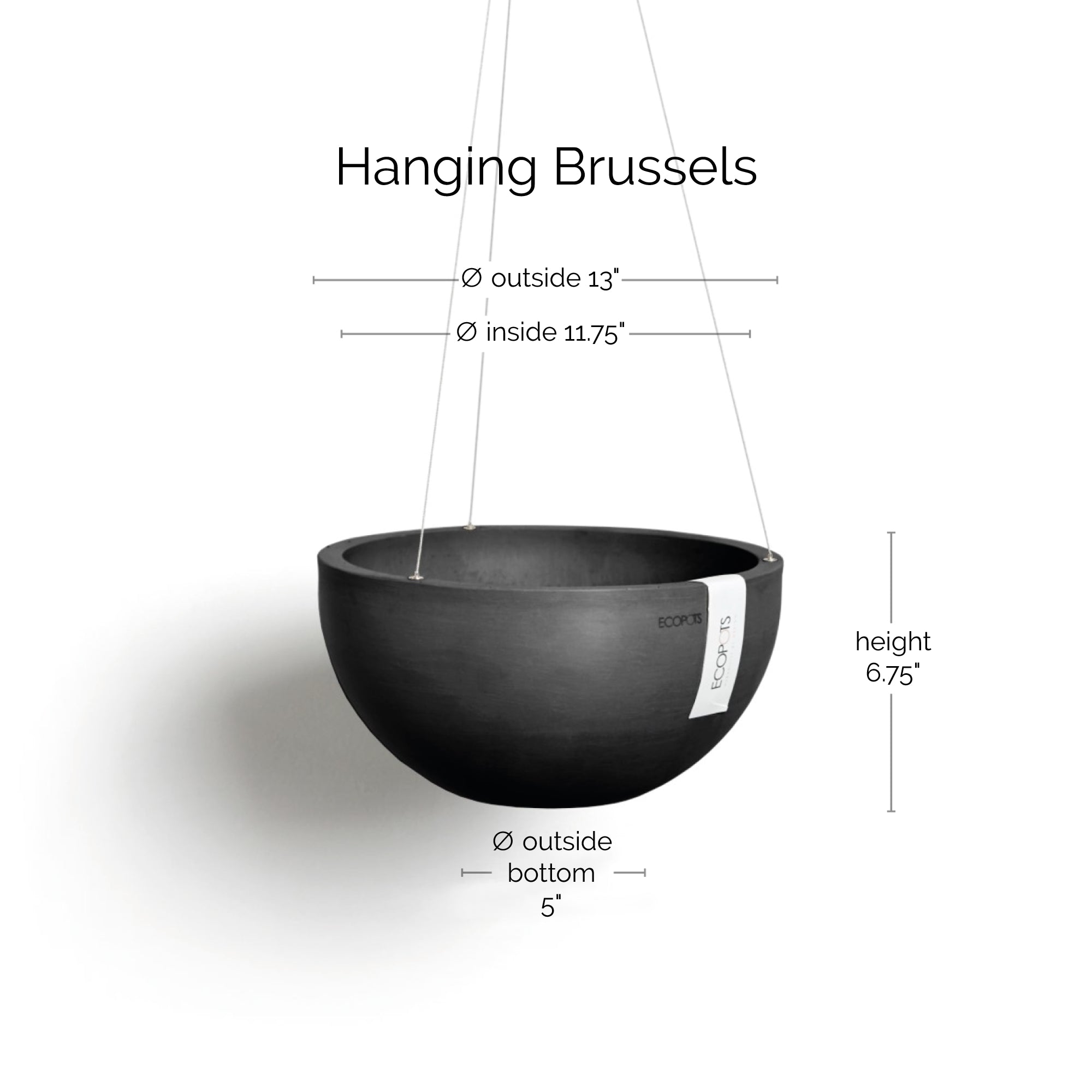 Ecopots Hanging Brussels Durable Modern Round Indoor/Outdoor Recycled-Based Composite Flower Pot Planter