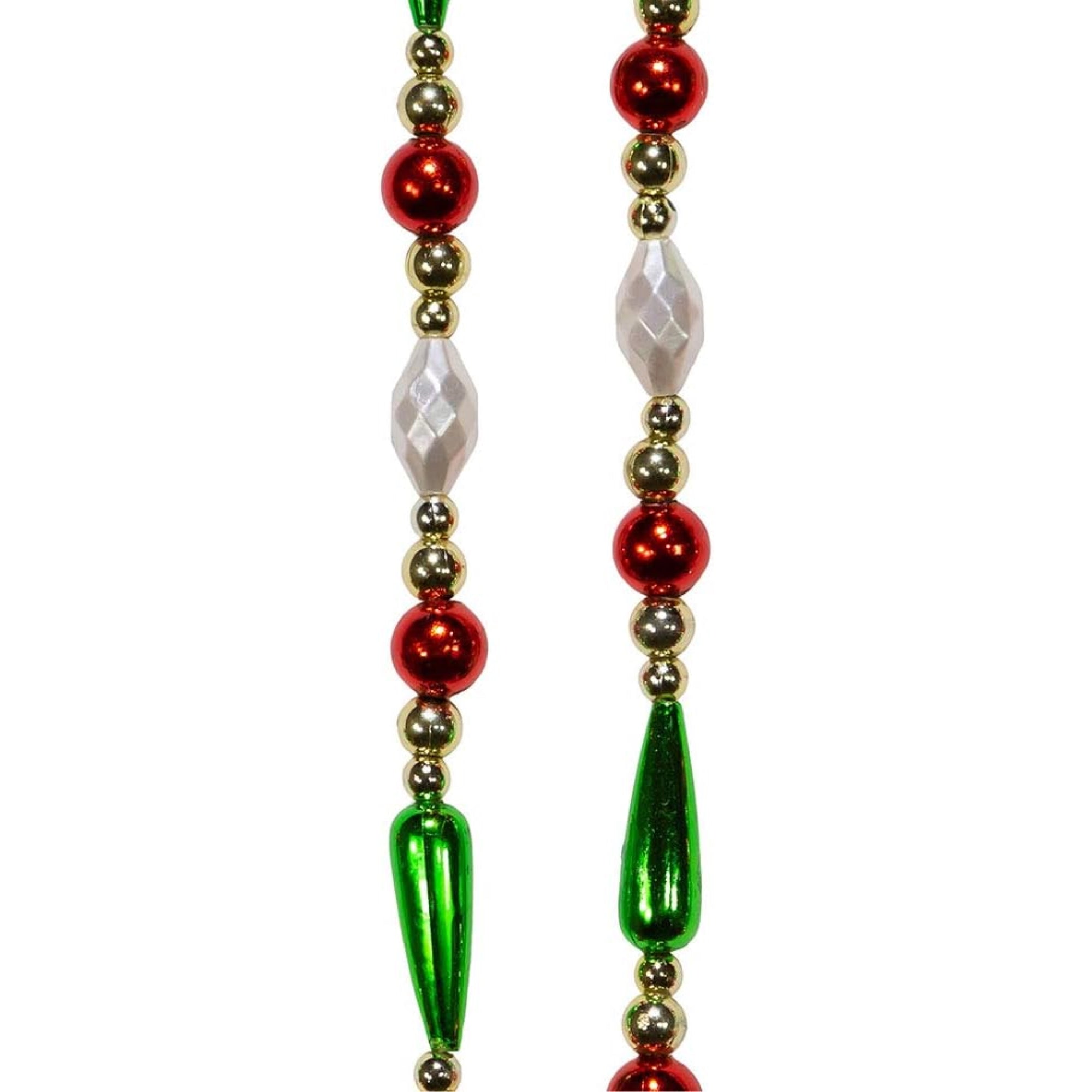 Kurt Adler Gold, Red, Green and White Round Bead with Water Drop Beaded Garland, 9 Ft
