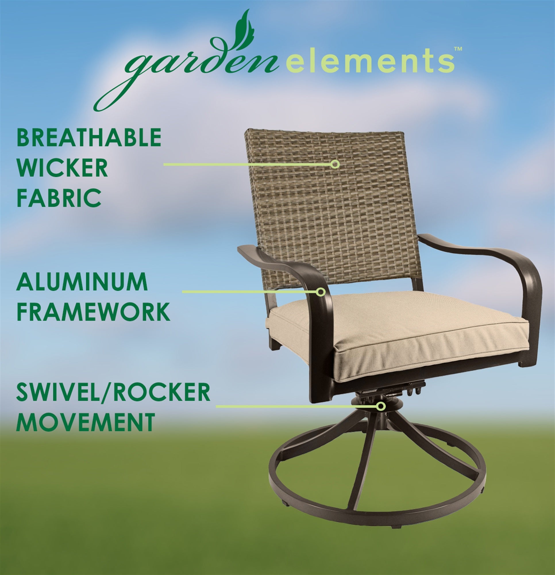 Garden Elements Bellevue Woven Back Swivel Rocker Chairs – Outdoor Patio Aluminum with Cushions, Taupe (Pack of 2)
