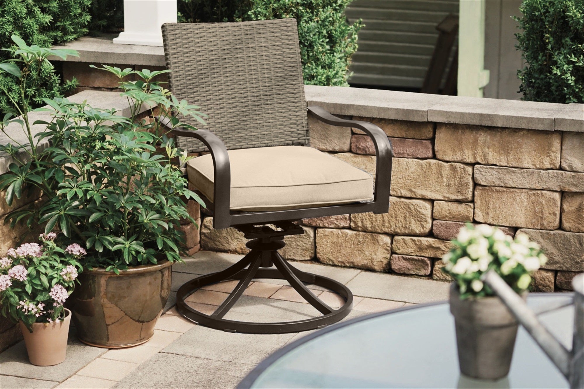 Garden Elements Bellevue Woven Back Swivel Rocker Chairs – Outdoor Patio Aluminum with Cushions, Taupe (Pack of 2)