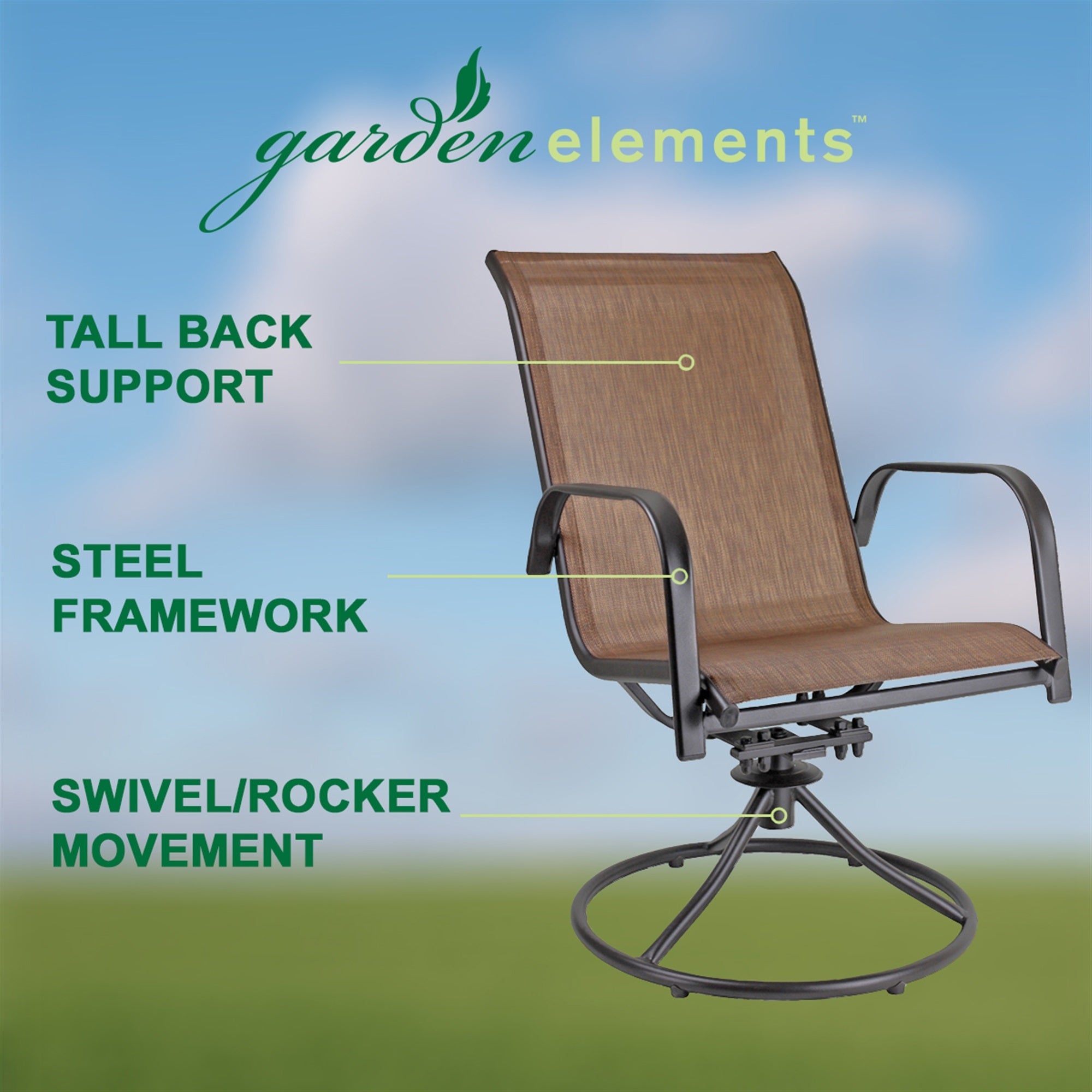 Garden Elements Patio Swivel Rocker Chairs (Set of 2) – Powder-Coated Steel Frame & Breathable Fabric – Espresso