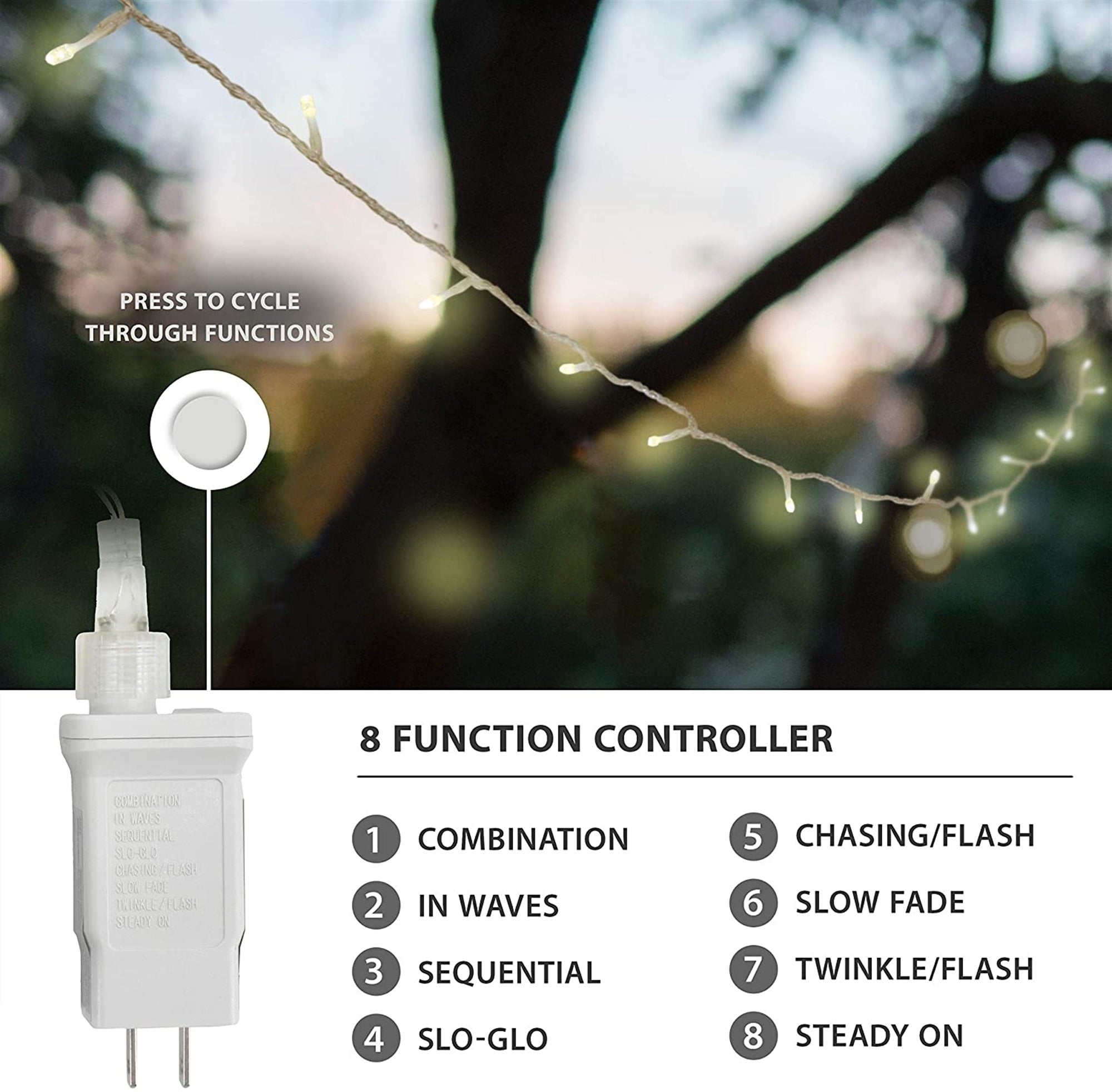 ProductWorks Indoor/Outdoor 300 LED-Micro Bulbs String Light Set with 8-Light Modes and Cord Reel, White, 60ft