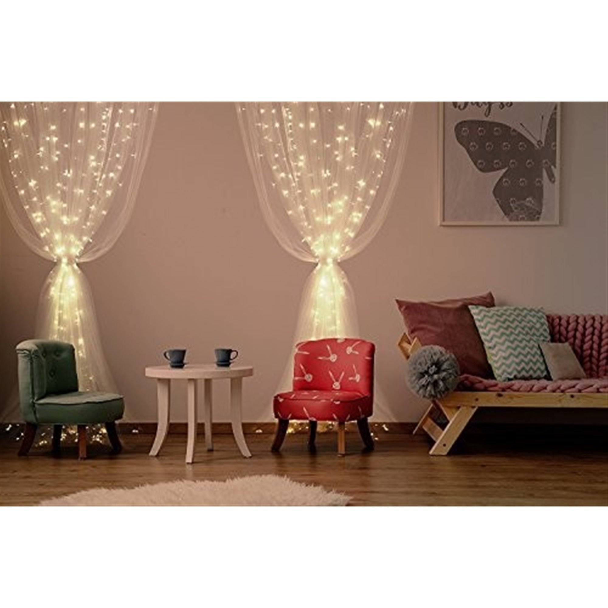 ProductWorks Indoor/Outdoor 300 LED-Mini String Light Curtain with 8-Light Modes on White Wire, Warm White, 6.5ft x 10ft