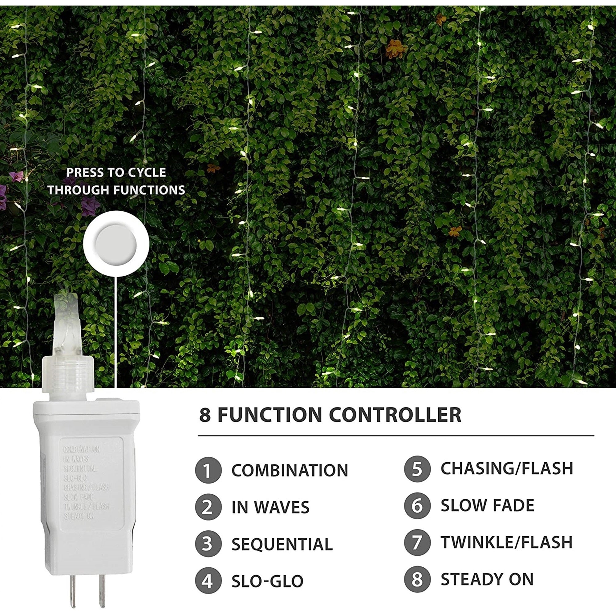 ProductWorks Indoor/Outdoor LED String Light Curtain with 8-Function Controller, 300 LED-Mini Bulbs on Clear Wire, Warm White, 6.5ft x 10ft