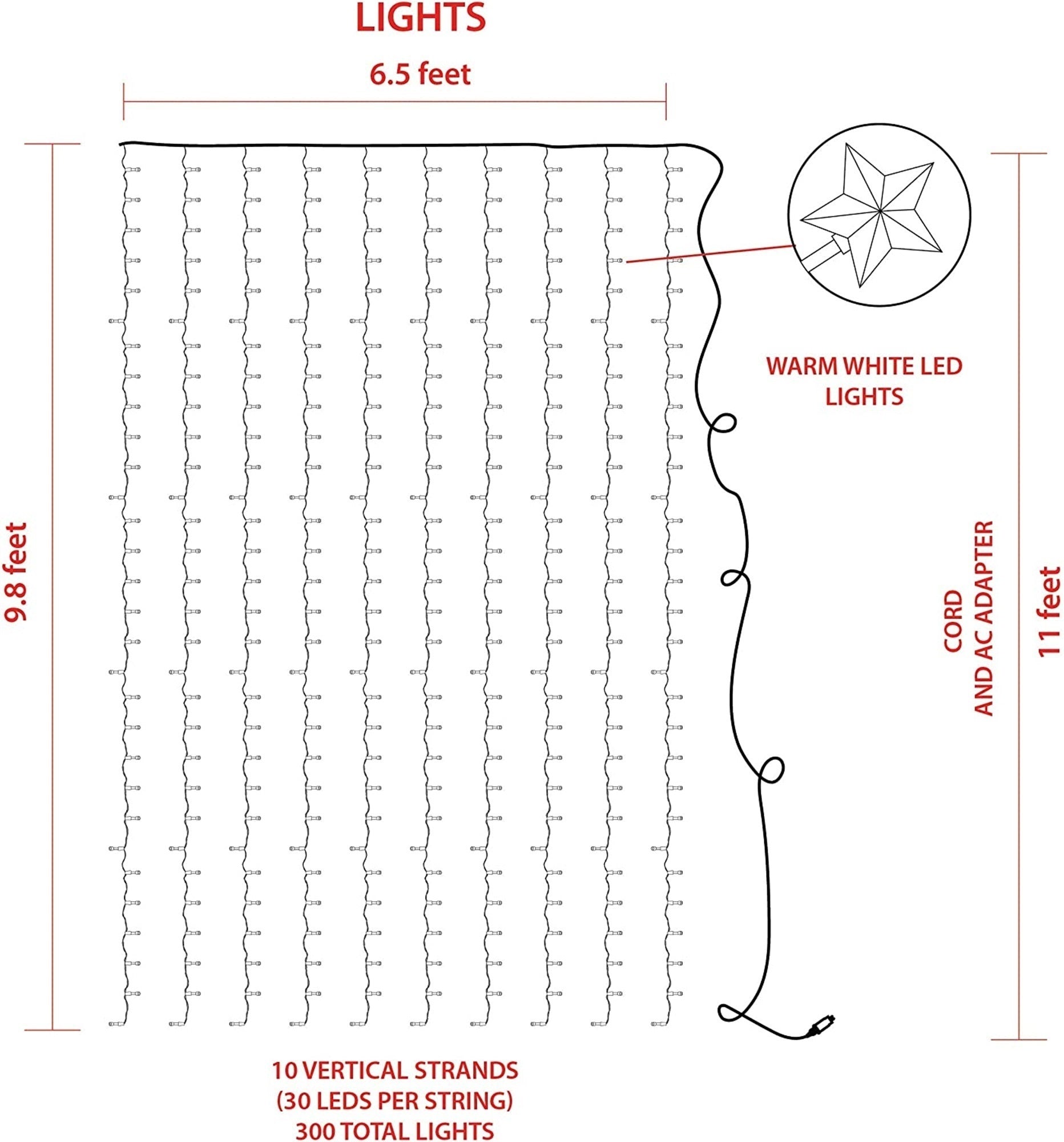 ProductWorks Indoor/Outdoor 300 LED-Star String Light Curtain with 8-Function Controller, Clear, 6.5ft x 10ft