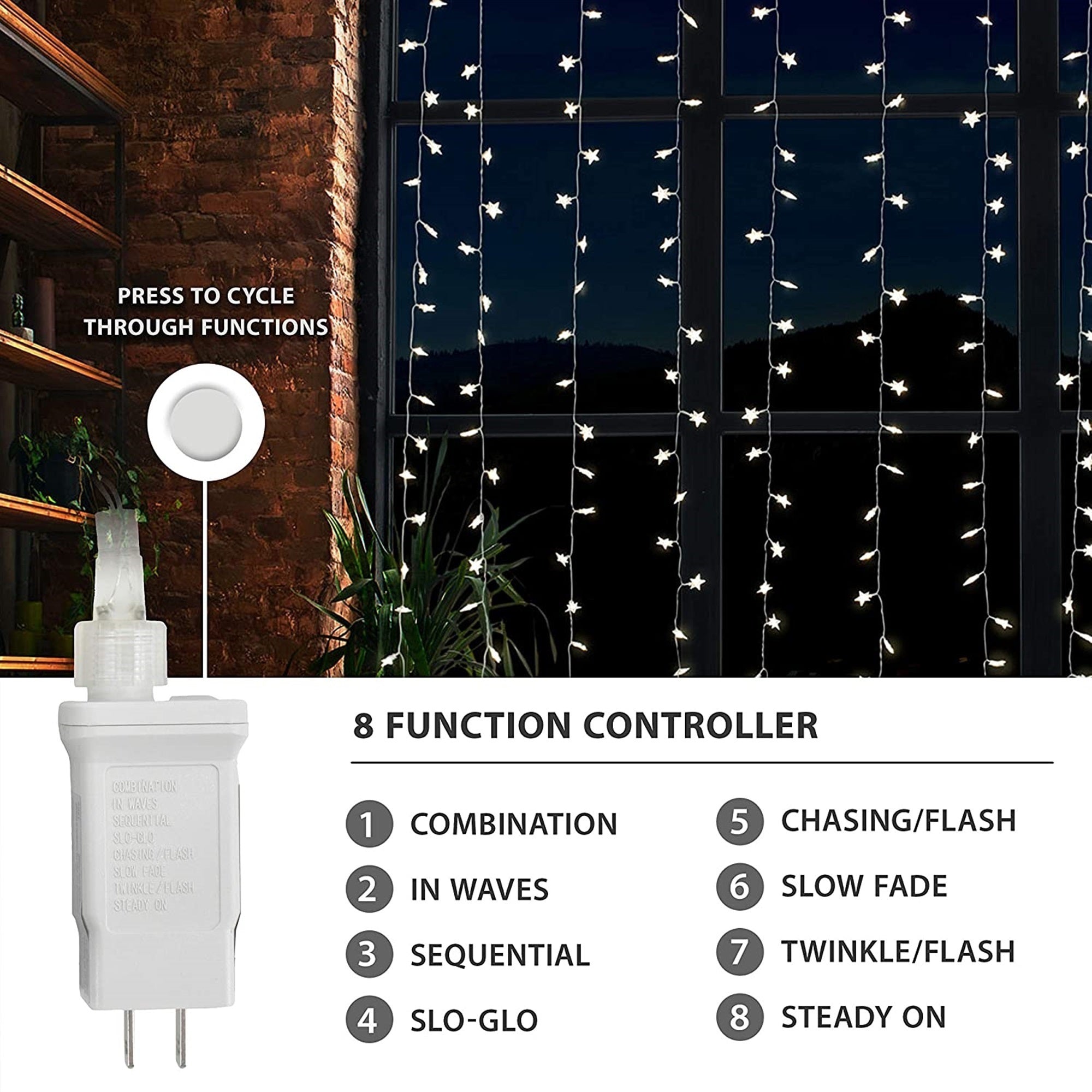 ProductWorks Indoor/Outdoor 300 LED-Star String Light Curtain with 8-Function Controller, Clear, 6.5ft x 10ft