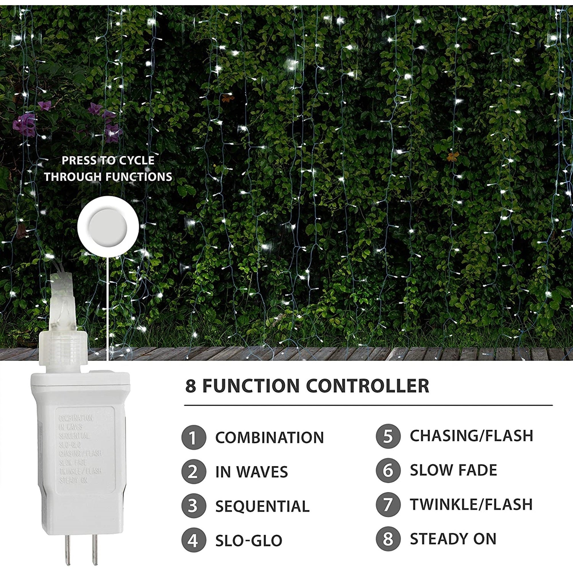 ProductWorks Indoor/Outdoor 600 LED-Micro String Light Curtain with 8-Function Controller, Bright White, 20ft x 10ft
