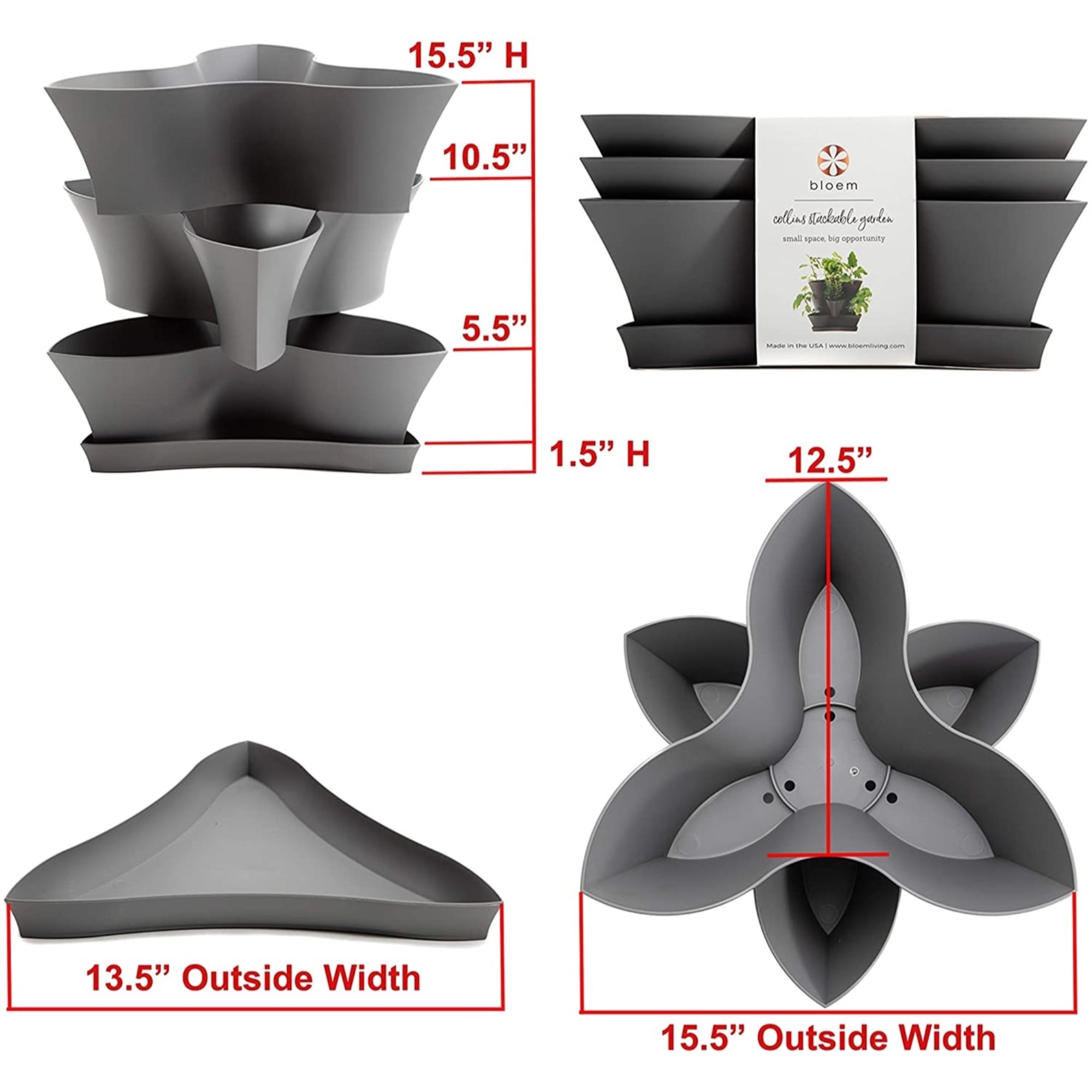 Bloem Collins Modular 2-Tier Multi-Level Vertical Herb Planter, Charcoal