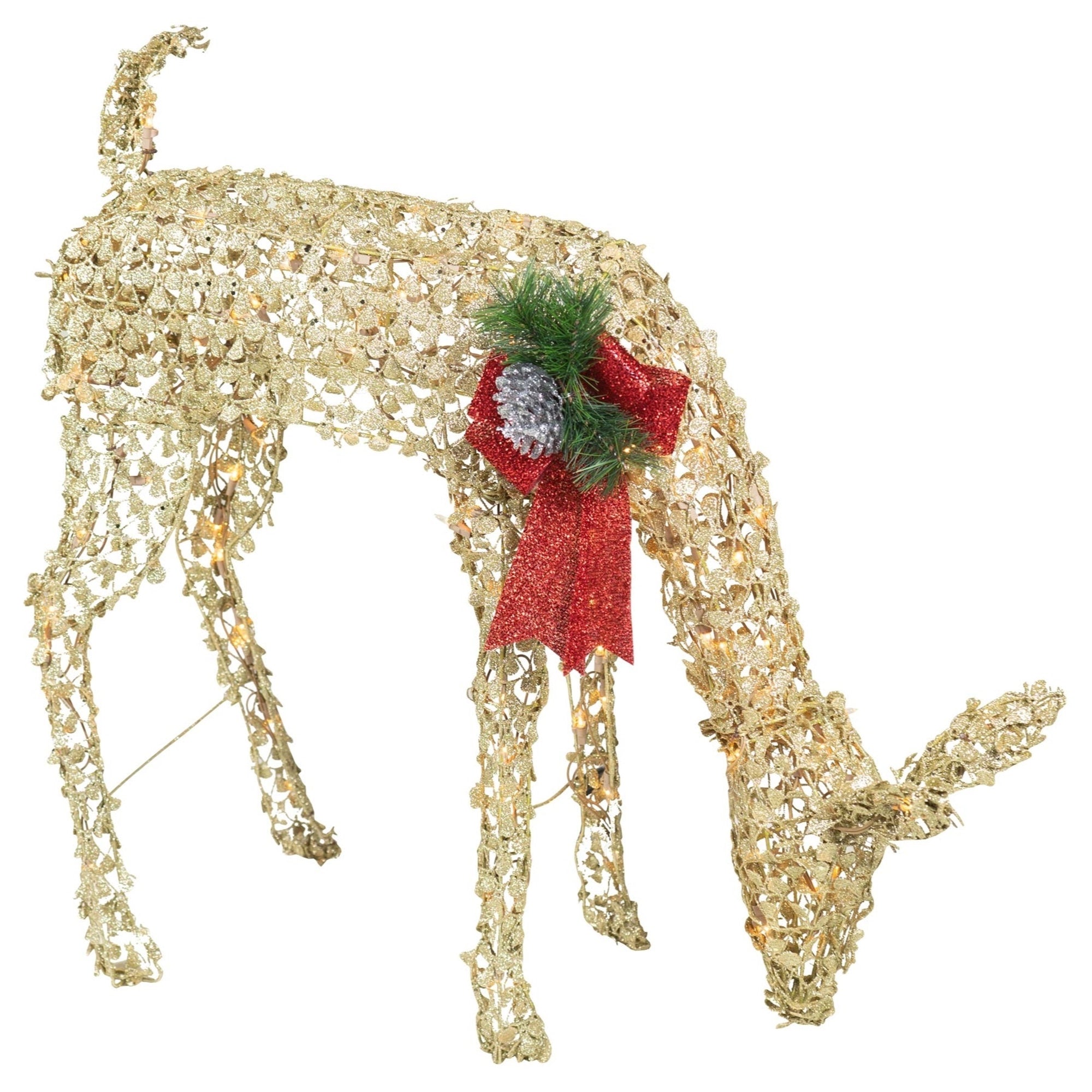 Good Tidings Pre-Lit Yard Decoration, Gold-Glittered Feeding Deer, 33”