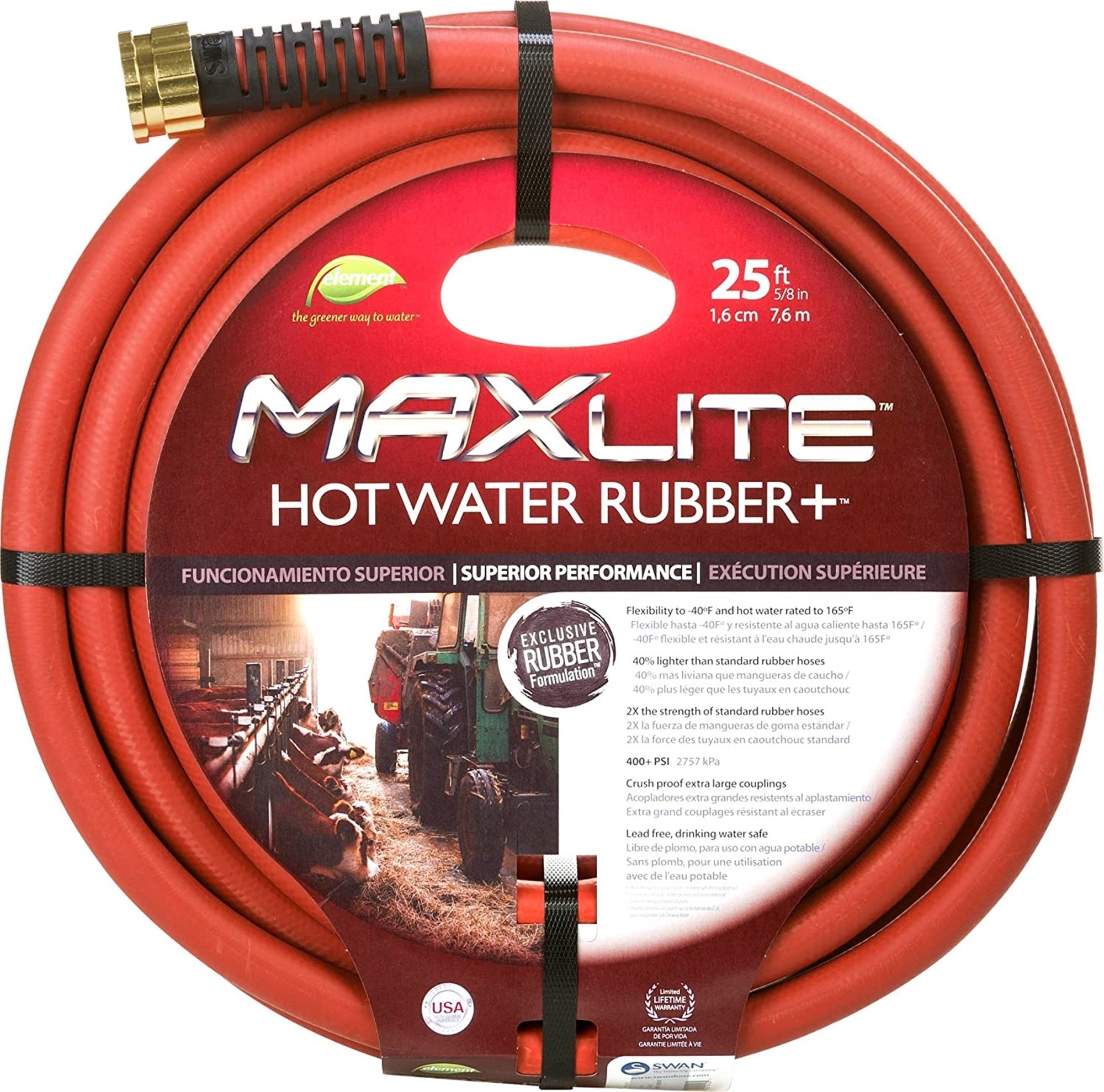 Swan Watering MAXLite Hot Water Rubber+ Hose, Red, 5/8in x 25ft