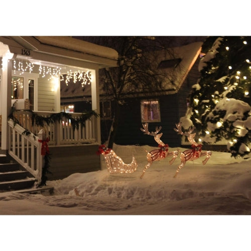 Holiday Wonderland Outdoor Lighted Mesh Sleigh & Reindeer Set — 150 Clear Lights, Champagne (3-Piece Set)