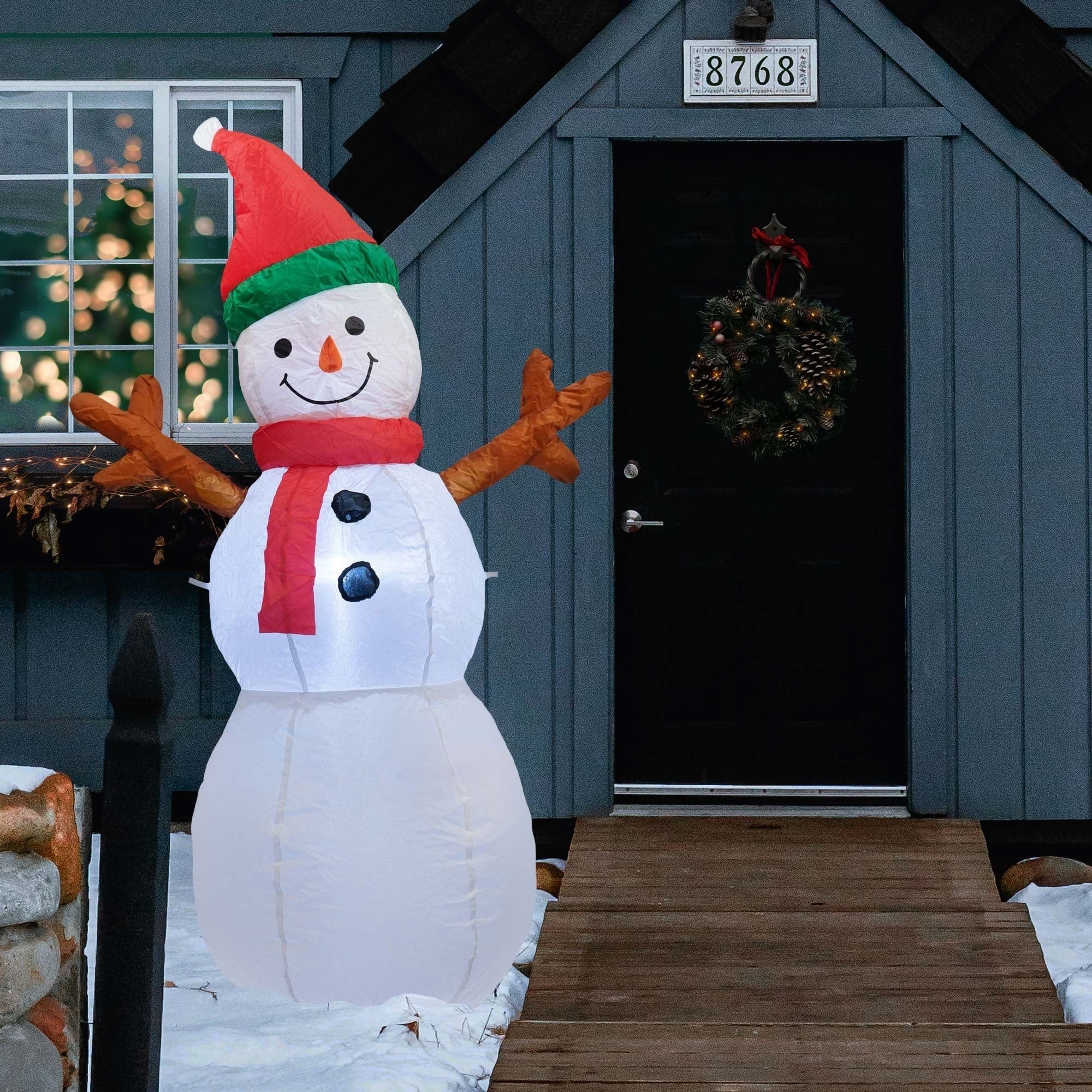 ProductWorks Candy Cane Lane Pre-Lit Nylon Inflatable Outdoor Christmas Decoration, Snowman, 7ft
