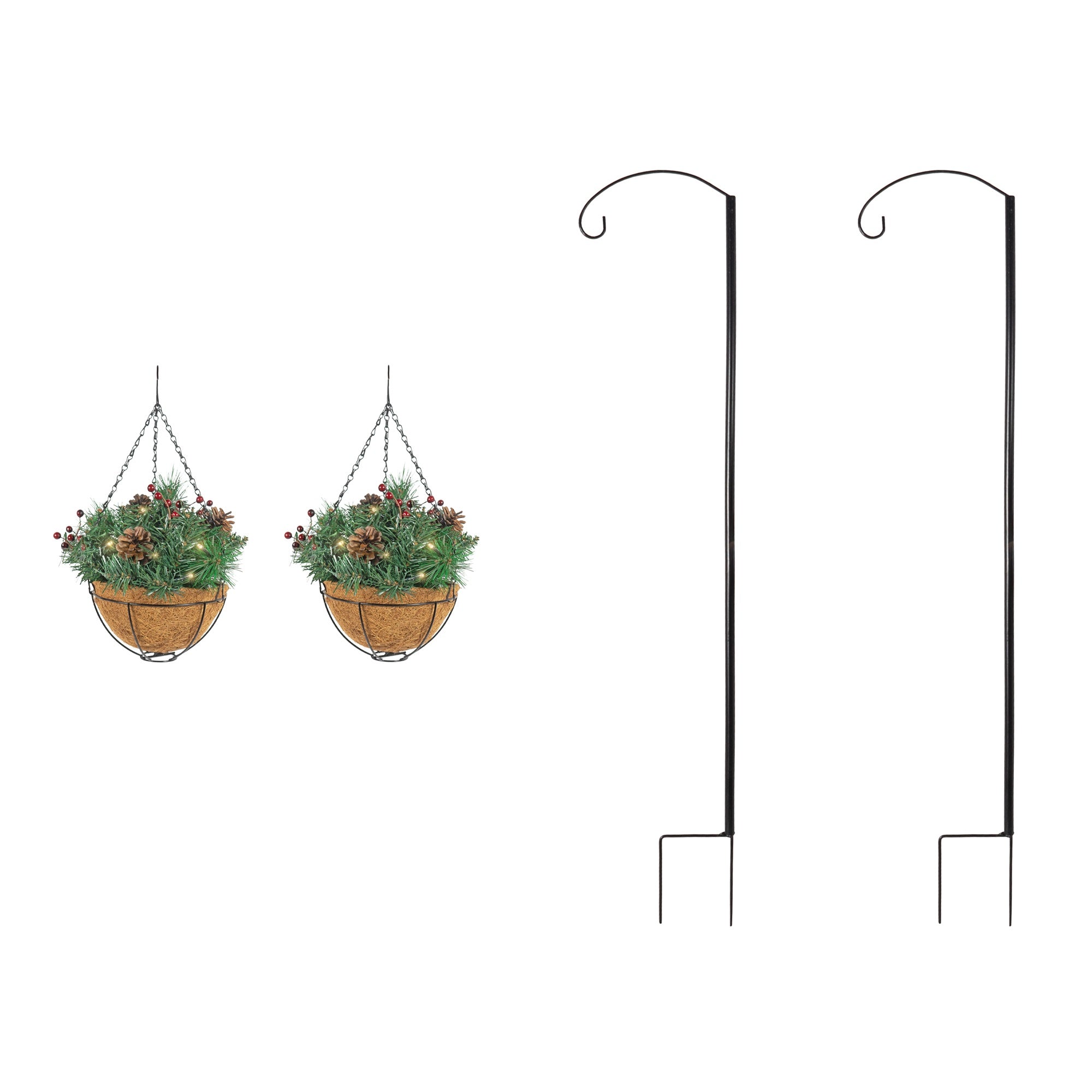 Equinox 2 Holiday Wonderland Artificial Christmas Hanging Baskets with Shepherd's Hooks (Pack of 2)