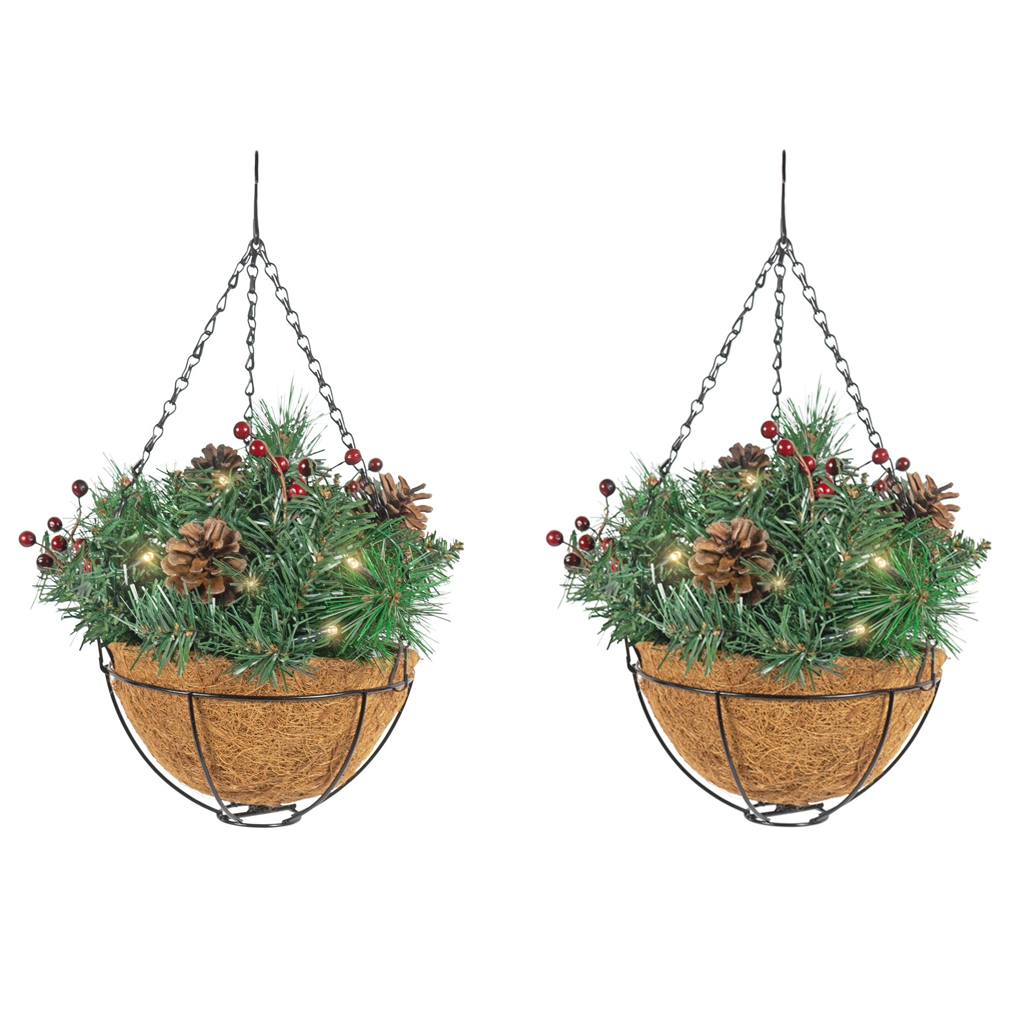 Equinox 2 Holiday Wonderland Artificial Christmas Hanging Baskets with Shepherd's Hooks (Pack of 2)