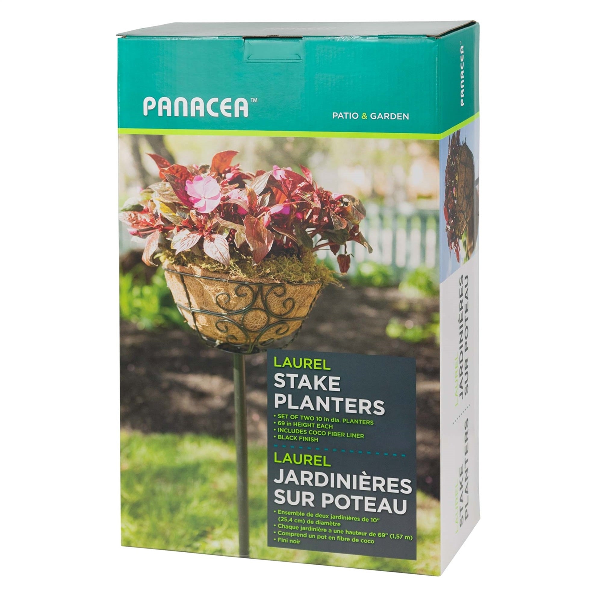 Panacea Outdoor Garden Stakes with Coco-Lined Planter Baskets, Black, 69in (Pack of 2)
