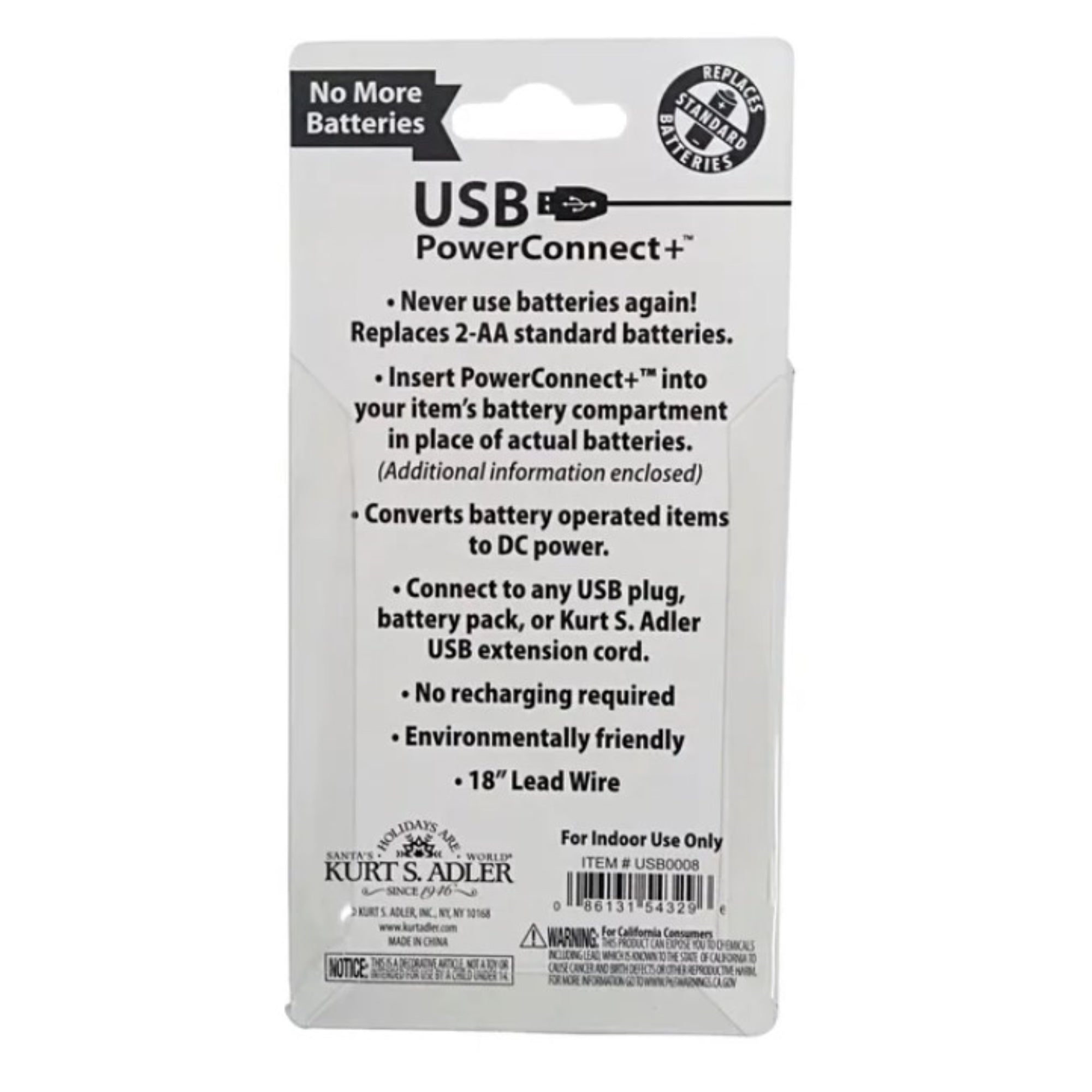 Kurt Adler USB PowerConnect+ 2 "AA" Battery Converter, 18-Inch Lead Wire, Indoor Use Only
