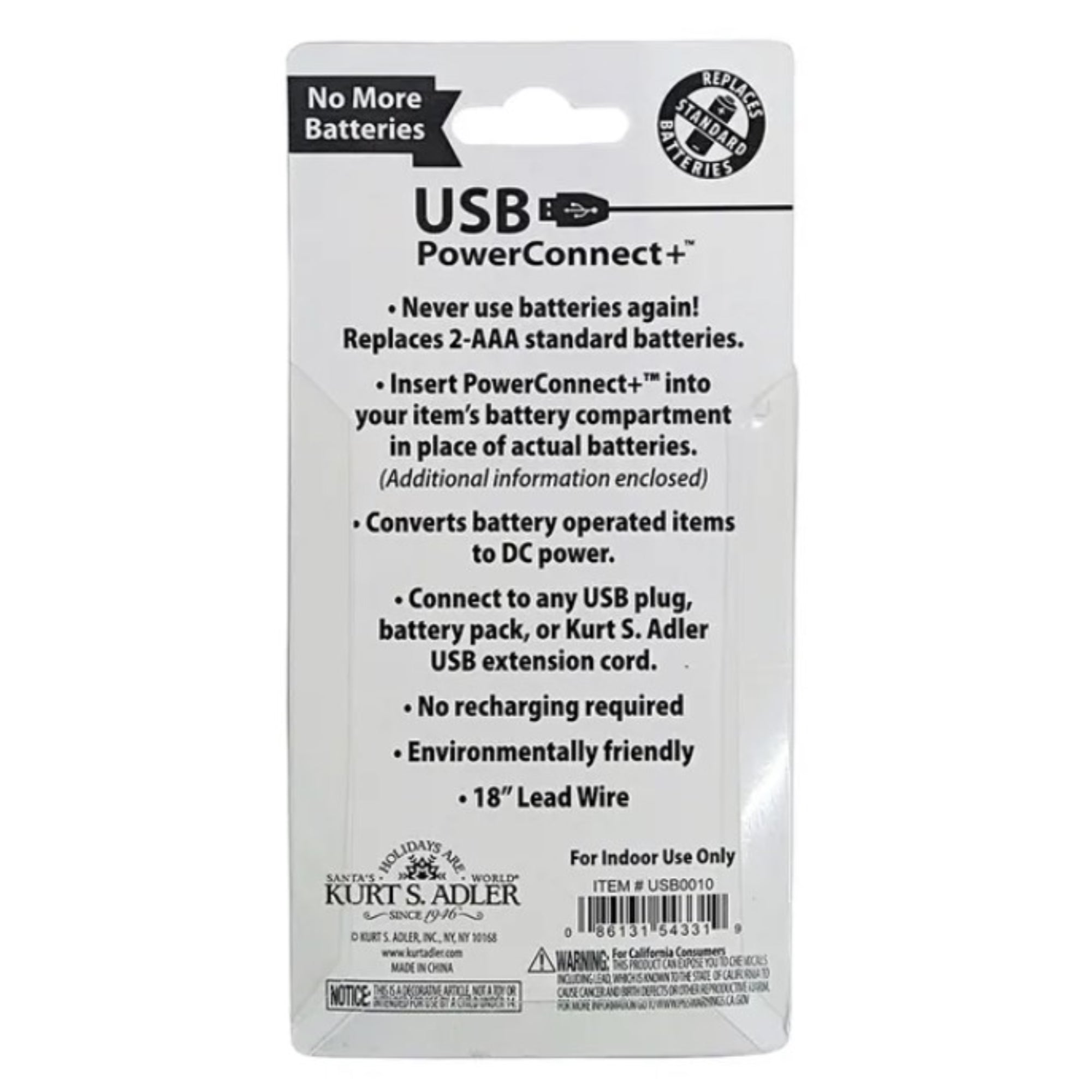 Kurt Adler USB PowerConnect+ 2 "AAA" Battery Converter, 18-Inch Lead Wire, Indoor Use Only