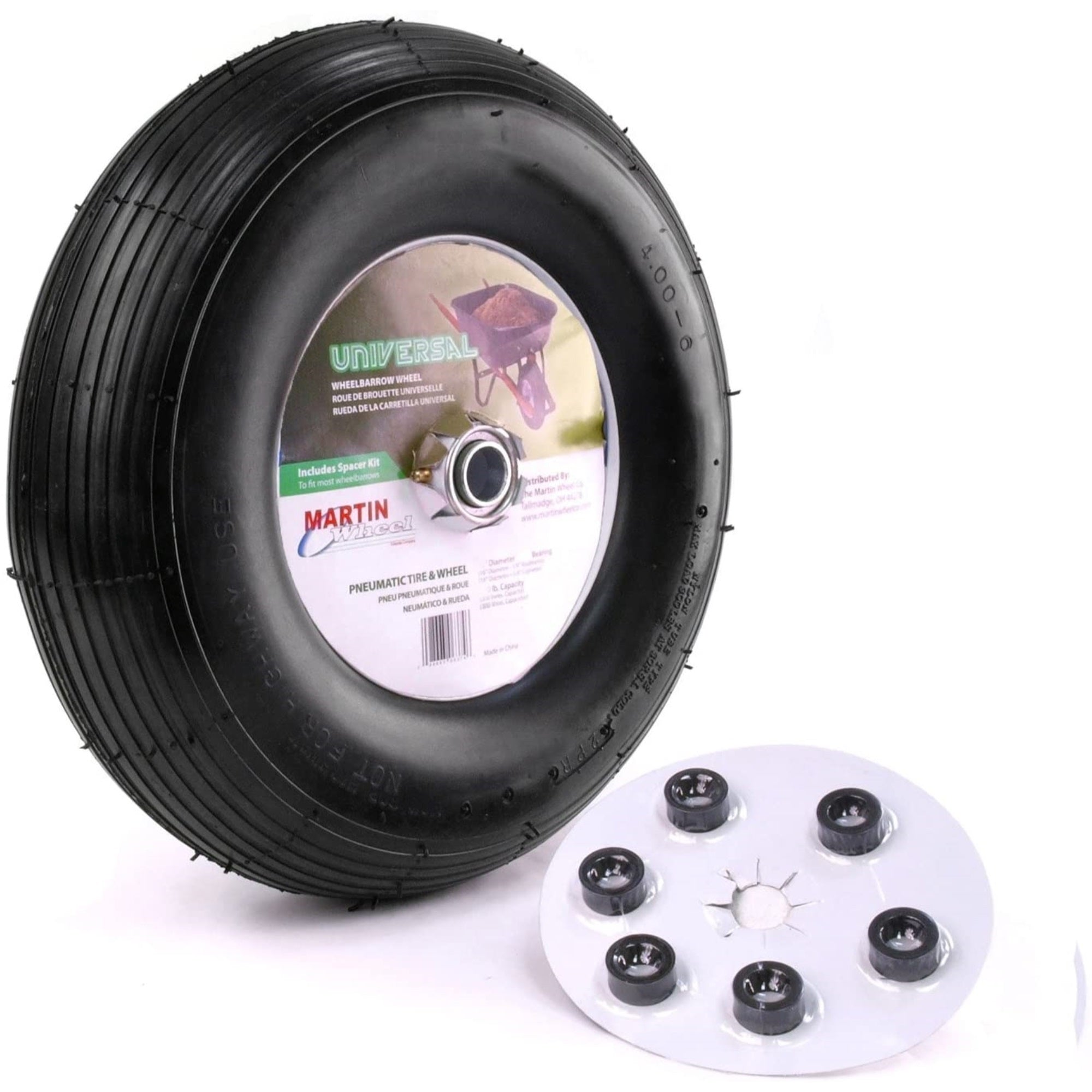 Martin Pneumatic Wheelbarrow Wheel with Universal Hub Ribbed Tire, 13”