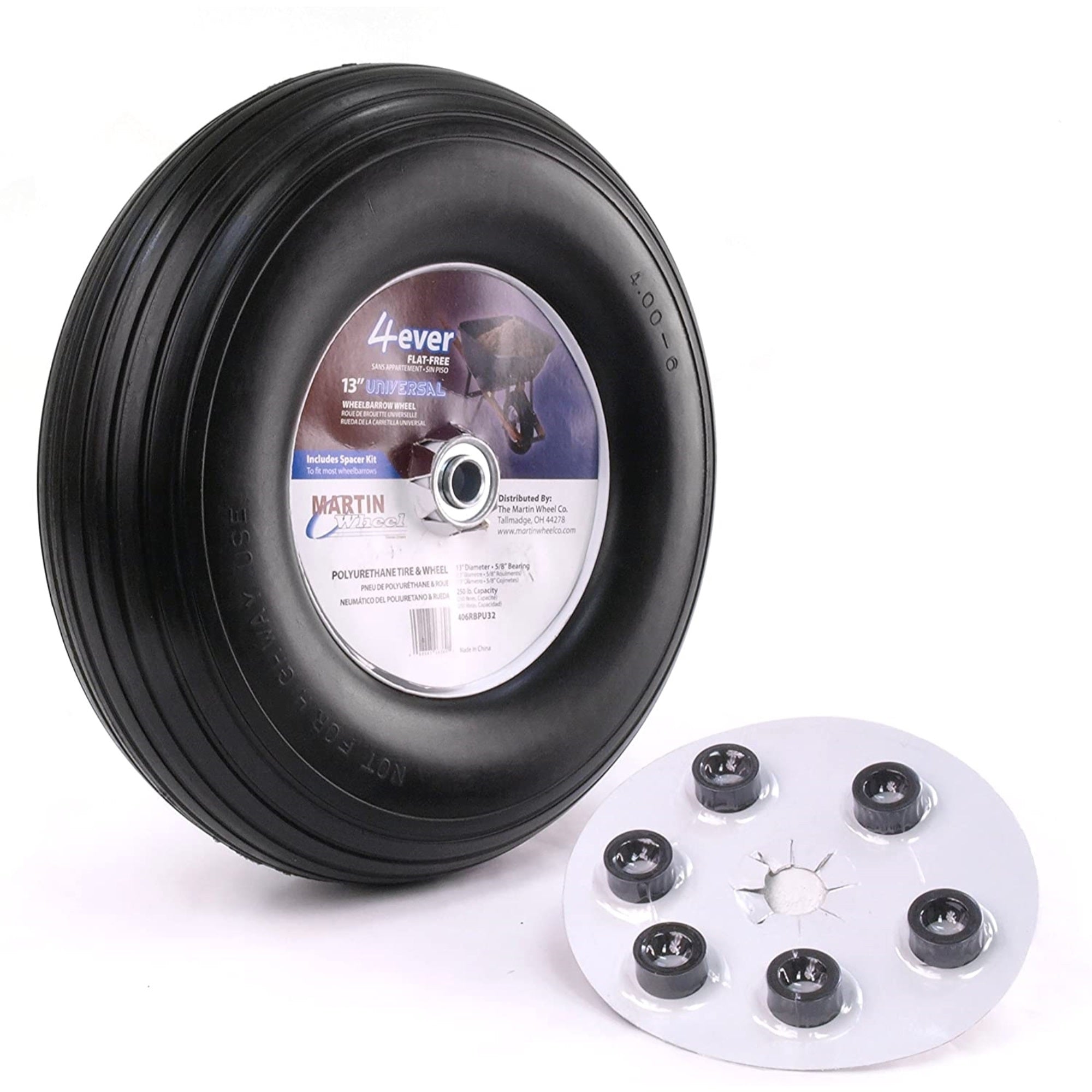 Martin Wheel Polyurethane Flat-Free Wheelbarrow Wheel with Universal Hub, 13"