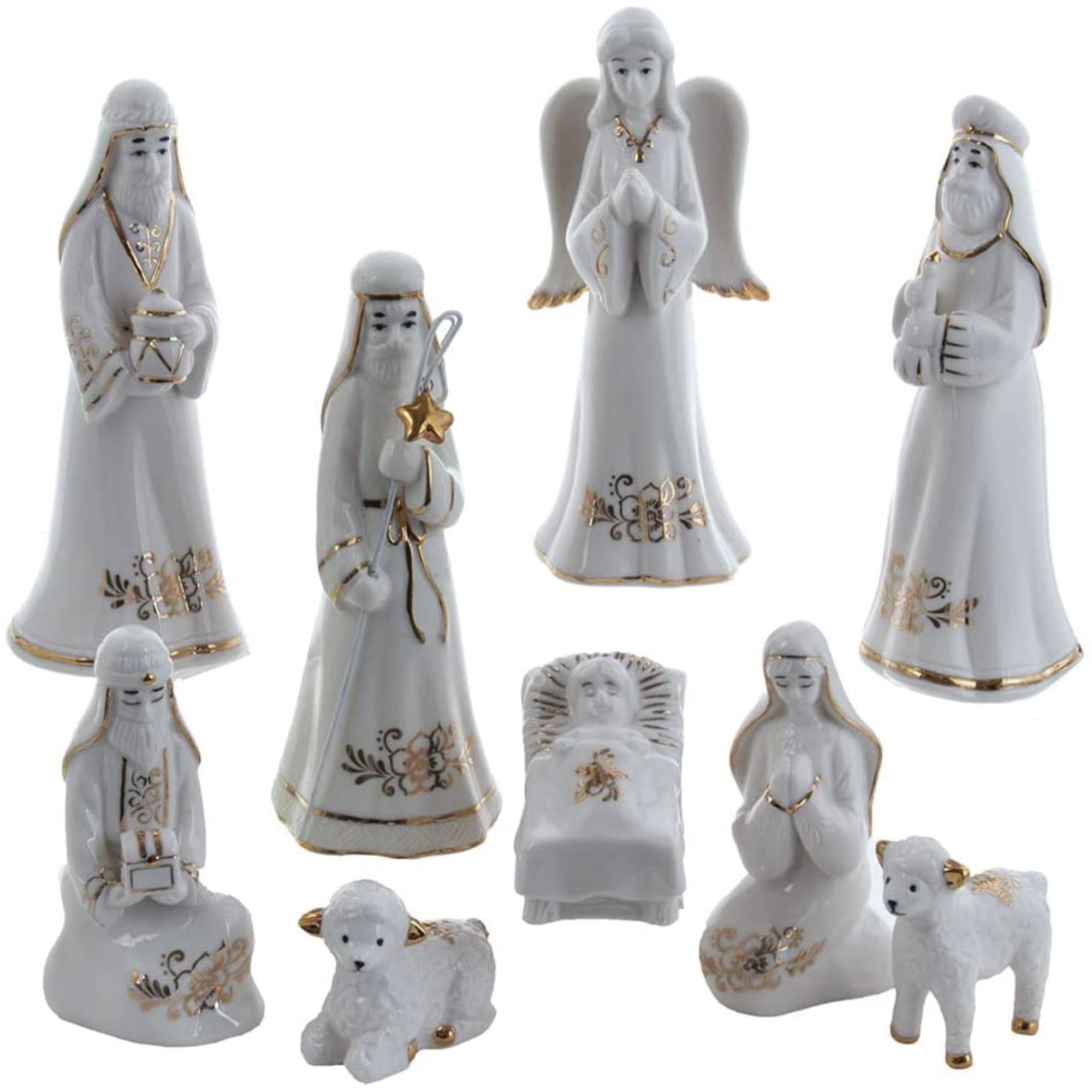 Kurt Adler Resin Christmas Nativity Scene Tabletop Set, Gold and White (9-Pieces)