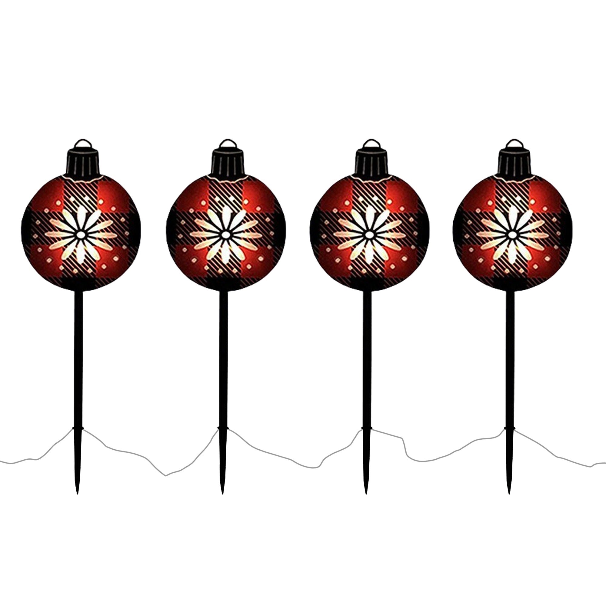 ProductWorks Candy Cane Lane 2D Pre-Lit 8 LEDs Holiday Pathway Markers Display, Red Ornaments (Set of 4)