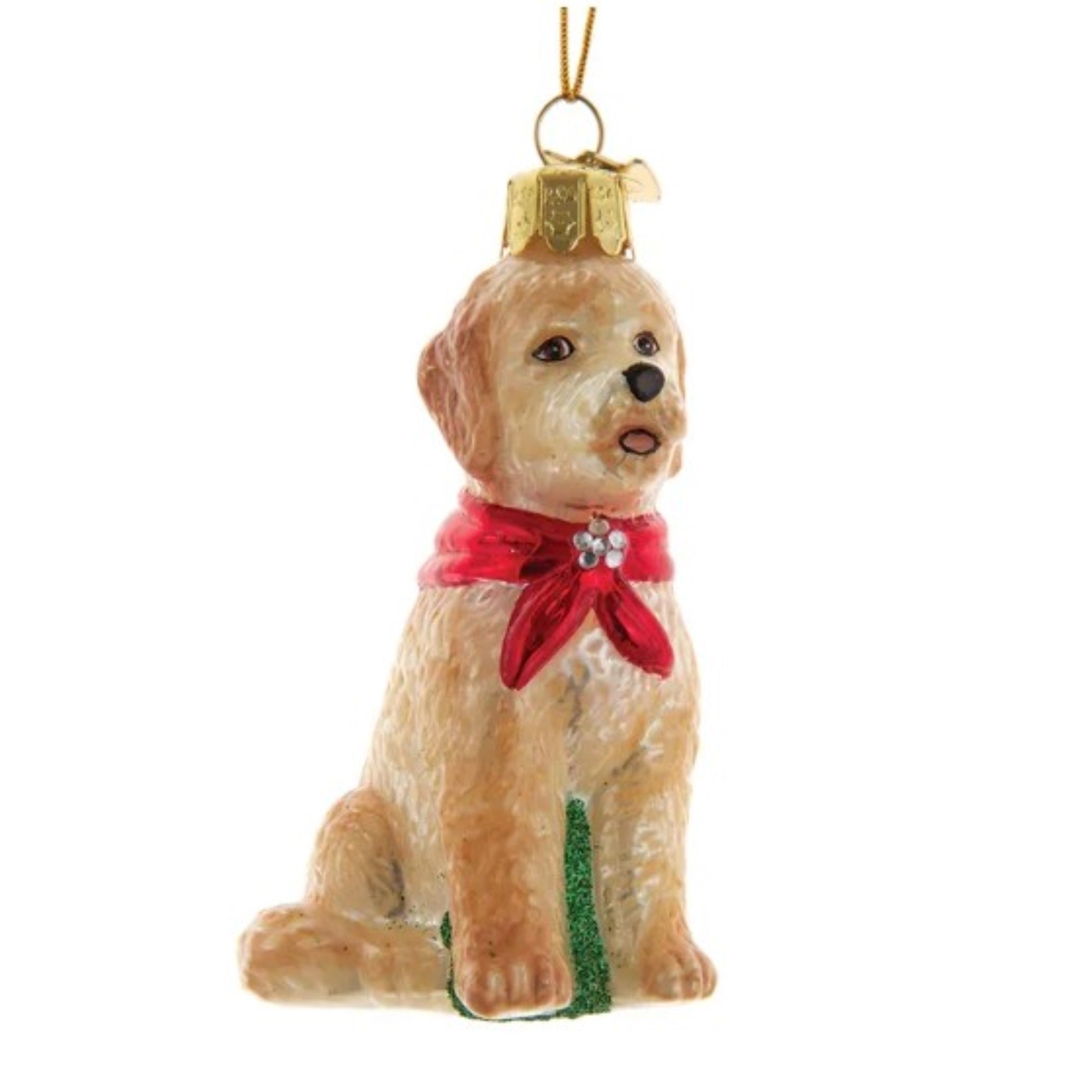 Kurt Adler Noble Gems Glass Ornament for Christmas Tree, Goldendoodle with Red Scarf