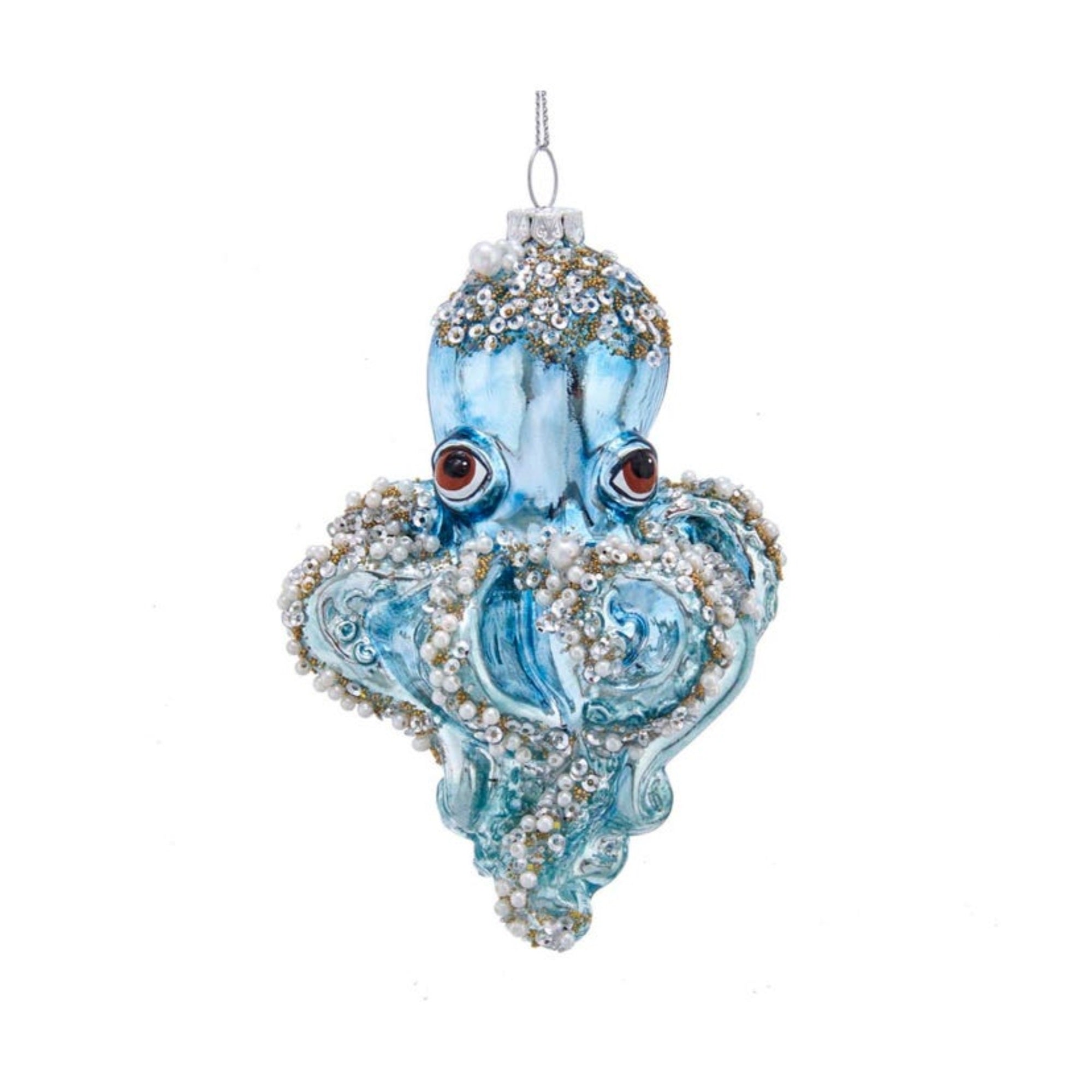 Kurt Adler Hanging Glass Christmas Tree Ornament, Blue Octopus with Beads